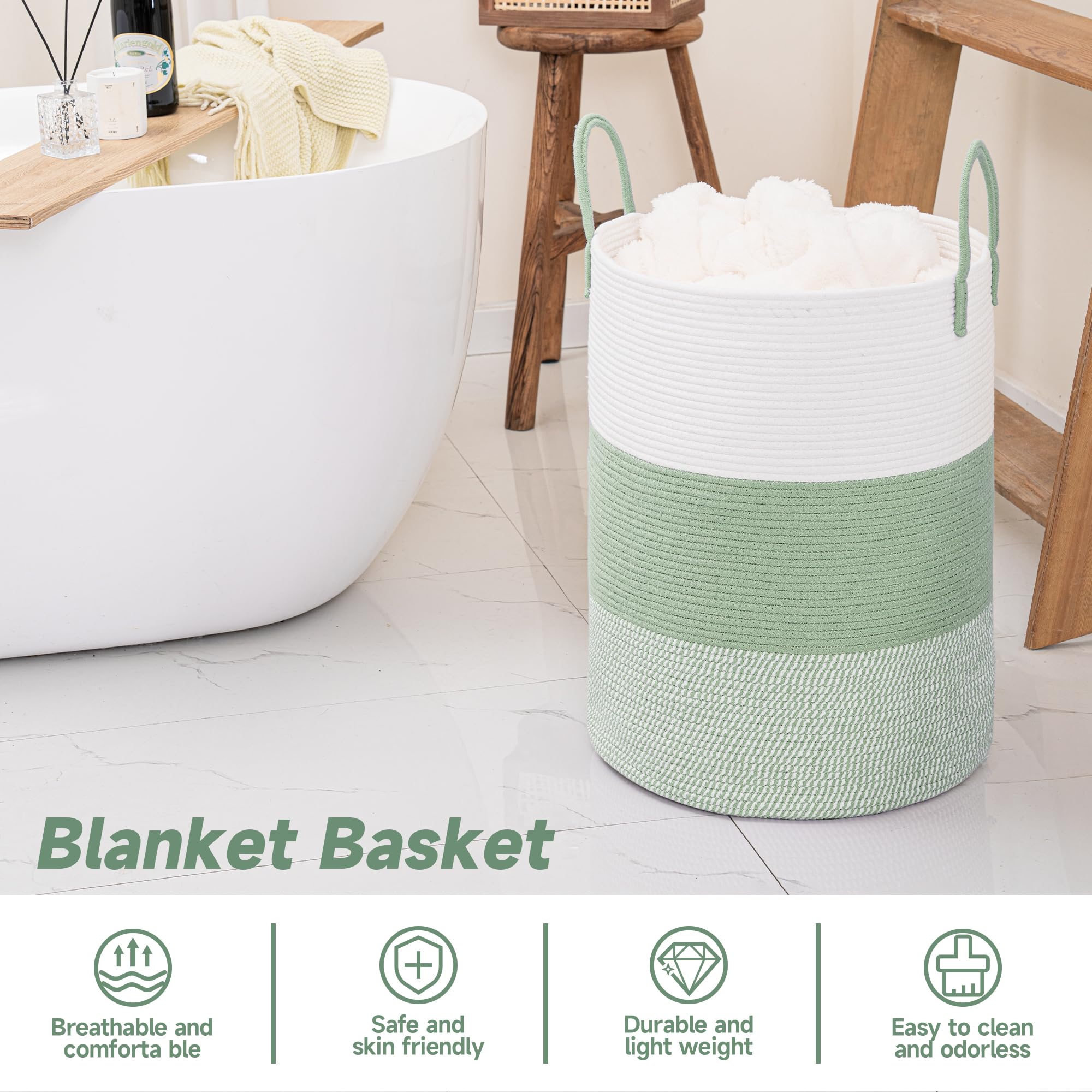 Clhmily&Z 80L Laundry Basket Round Storage Rope Basket - 16.5X22.5 Inches - Green Hamper In Bedreoom And Cute Storage Bin For Bl