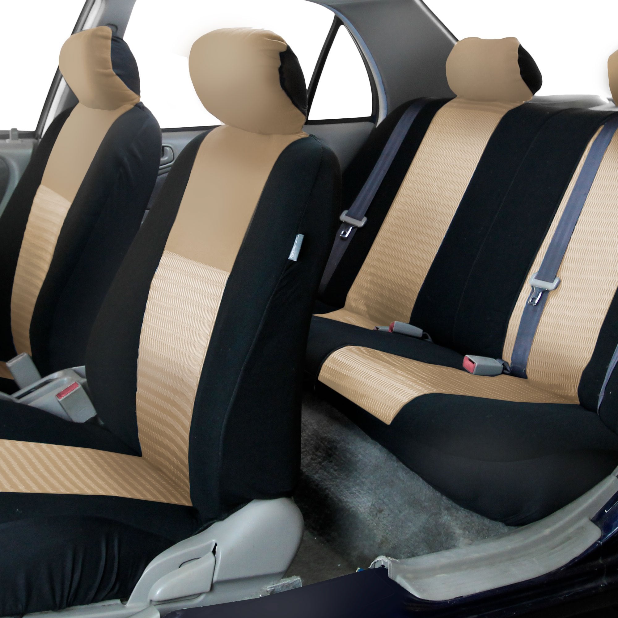 Fh Group Car Seat Covers Trendy Elegance Front Set Seat Covers, Airbag Compatible Beige And Black Car Seat Cover Universal Fit I