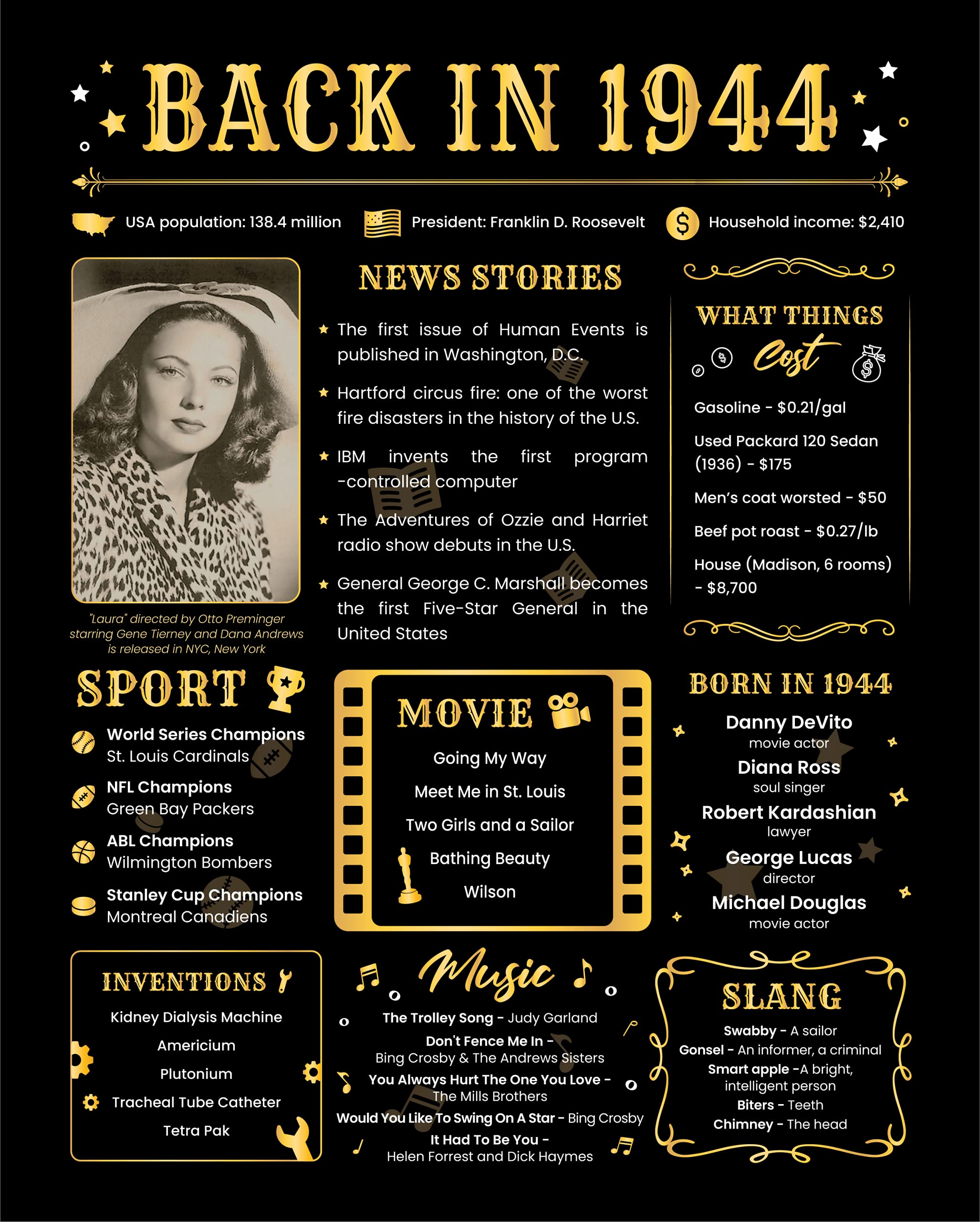 Back In 1944 Birthday Card - 80Th Birthday Gift For Women Or Men - 80Th Birthday Decoration For Grandmother Or Grandpa - Table C