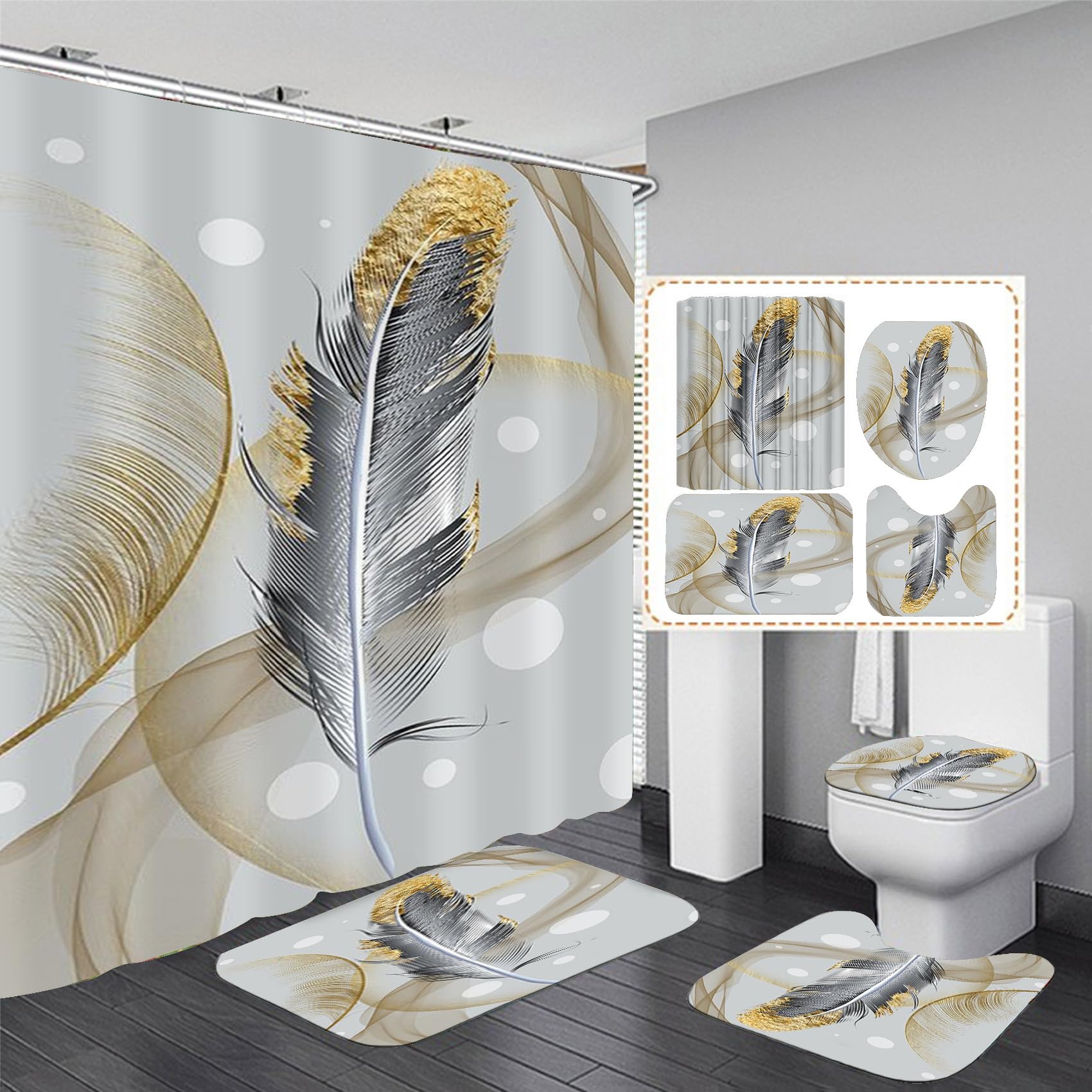 Ddqq 4Pcs Abstract Bubble And Feathers Shower Curtain Set Gray And Golden Bathroom Sets Shower Curtain With 12 Hooks Bathroom De