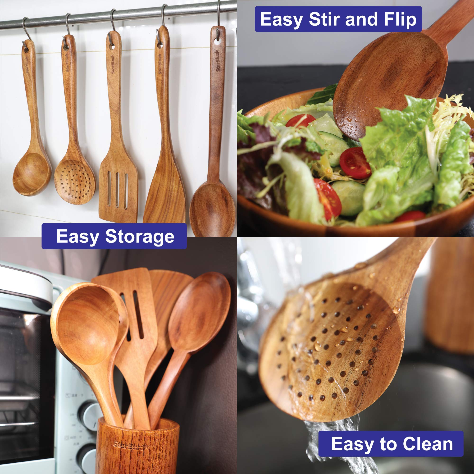 Acacia Wooden Utensils Set 6 Pcs By Starblue - Non-Scratching, Durable And Natural Spatulas For Nonstick Cookware With Holder