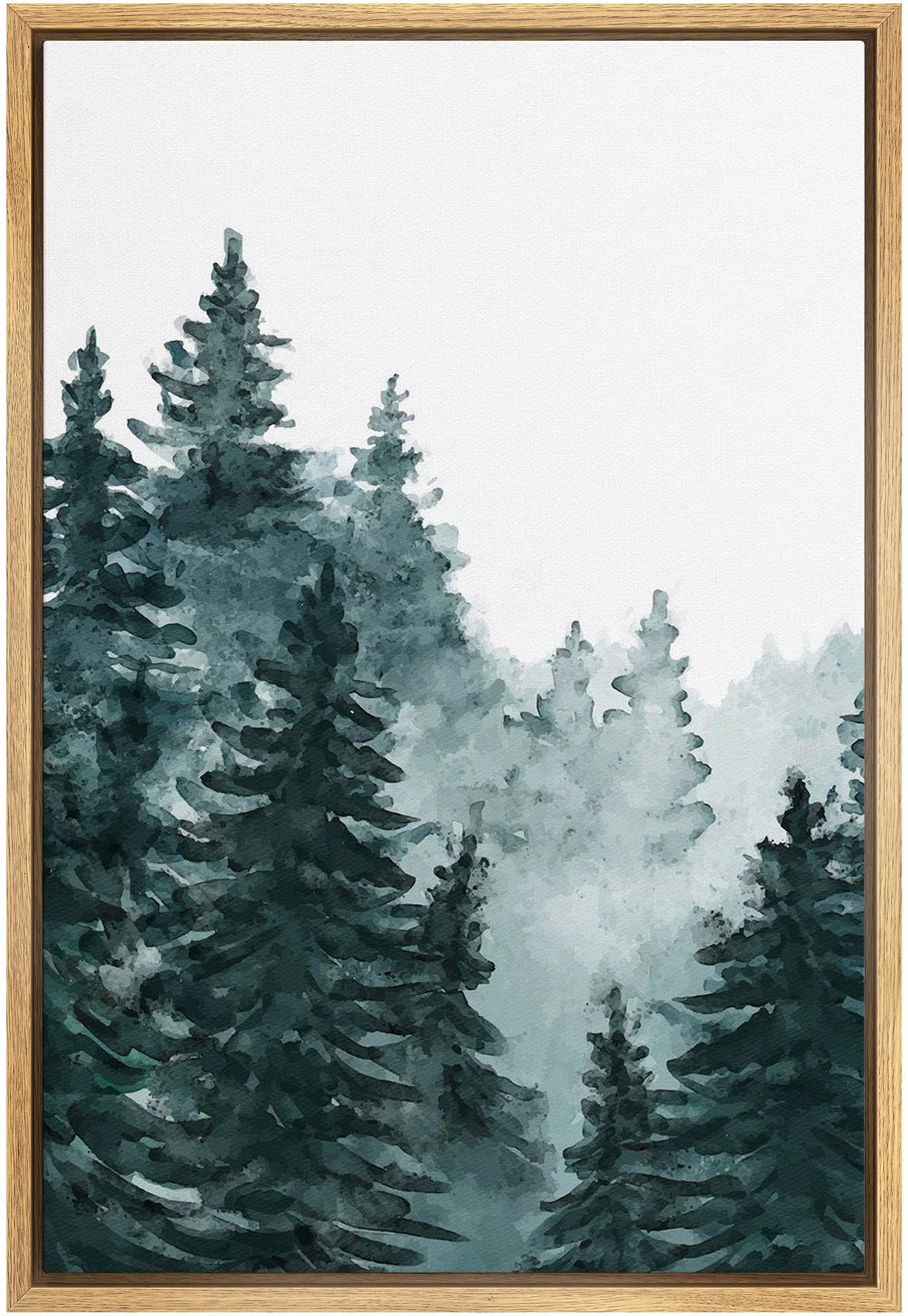 Signwin Framed Canvas Print Wall Art Woodland Nursery Decor Watercolor Pastel Pine Tree Forest Fog Nature Modern Art Decorative