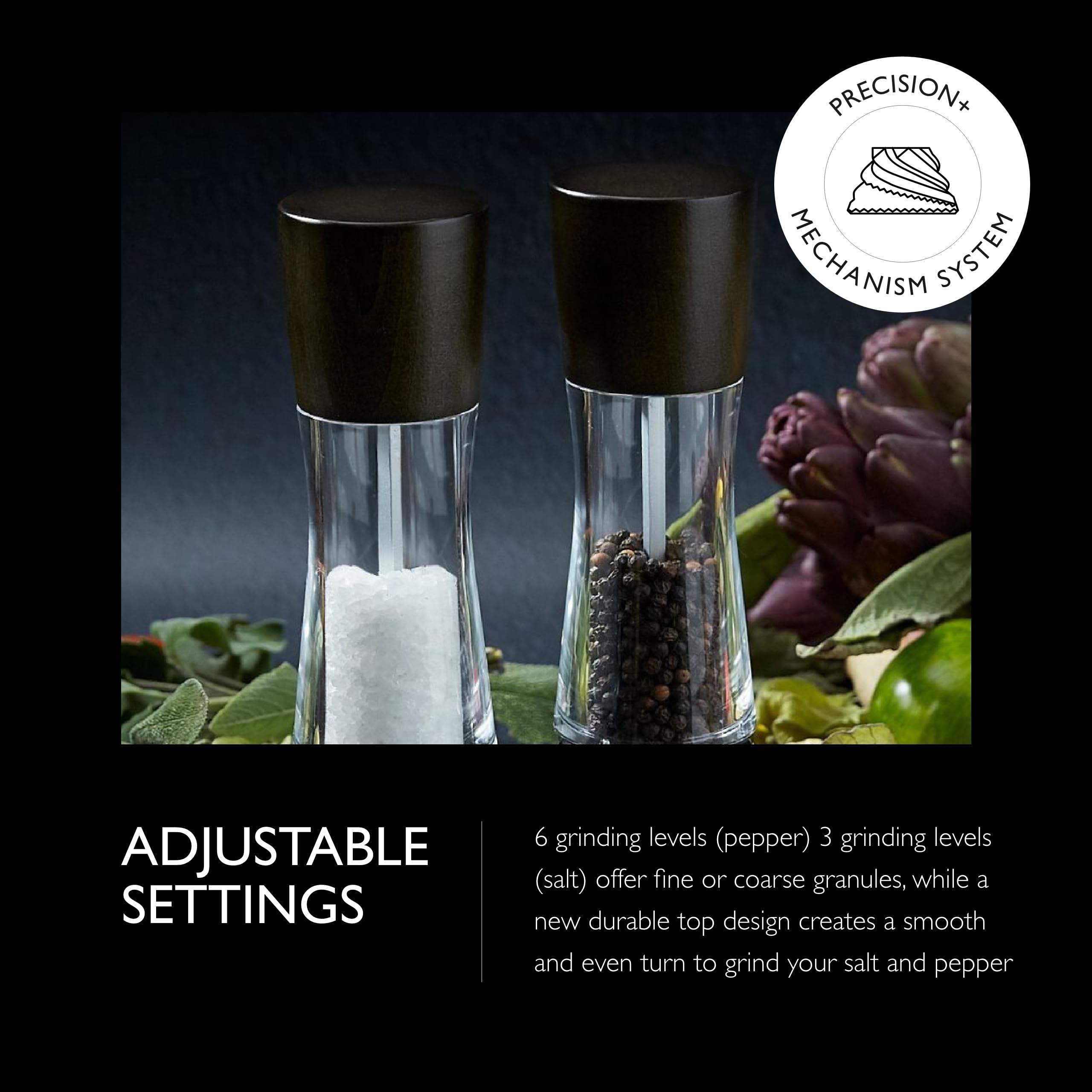 Cole & Mason H332293 Derwent Black Wood Salt And Pepper Mills, Gourmet Precision+, Adjustable Grind, Stained Beech/Acrylic, 190