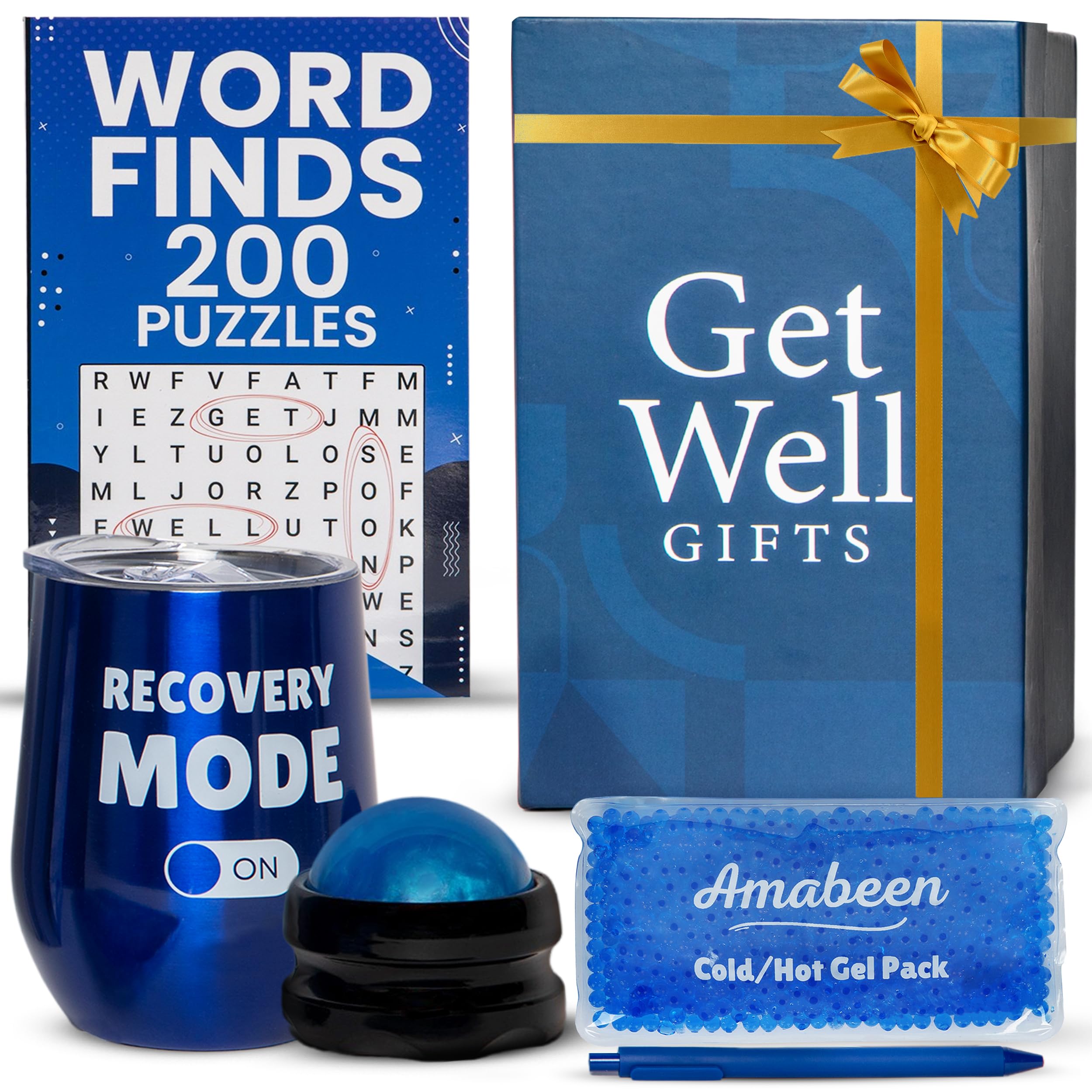 Amabeen Get Well Soon Gift Basket For Men W/Insulated Tumbler, Puzzle Book, Massager - Hospital Care Package For Recovery & Afte