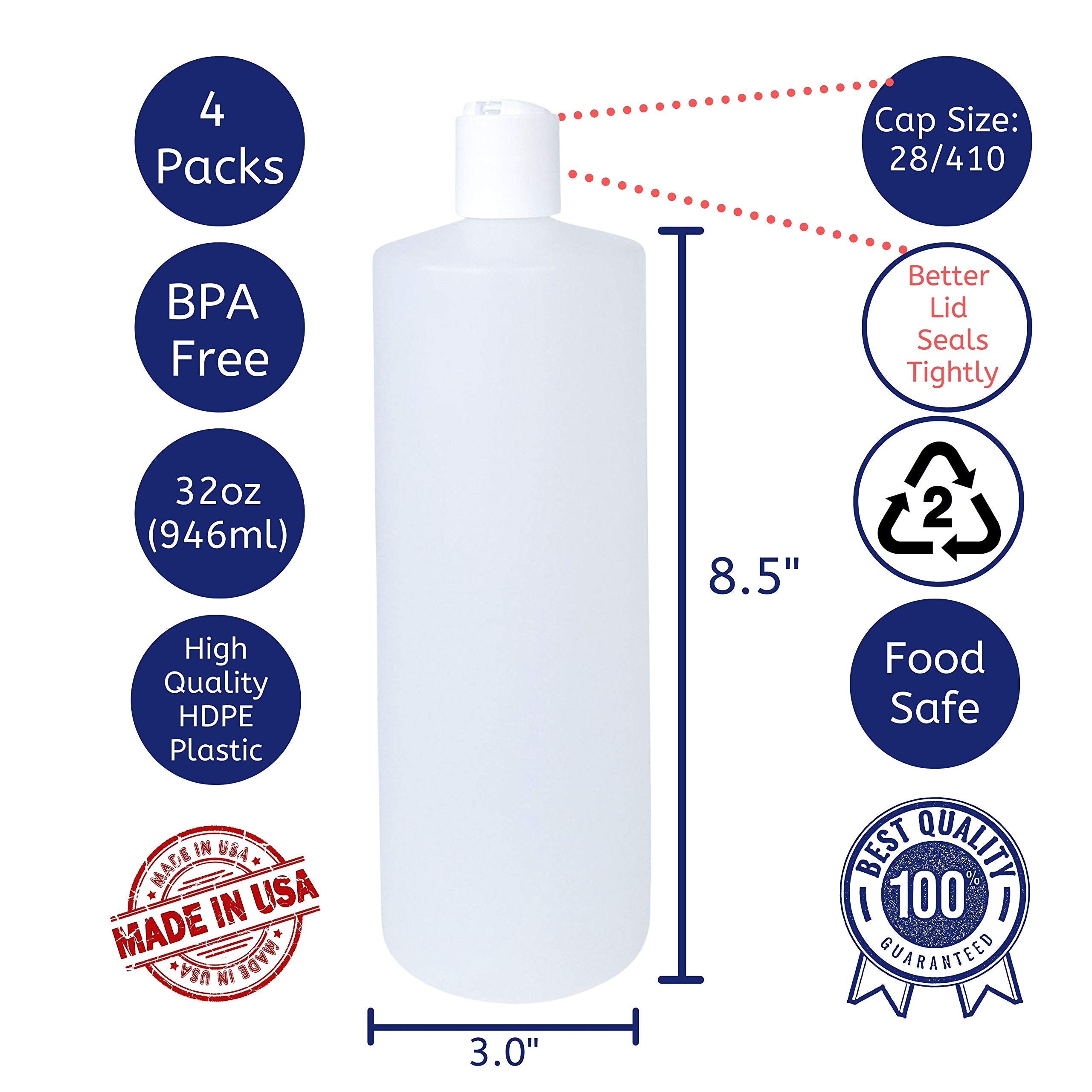 Kelkaa 32Oz 28/410 Hdpe Plastic Cylinder Squeeze Bottles With Dispensing White Press Disc Top Caps, For Shampoo, Conditioner, Lo