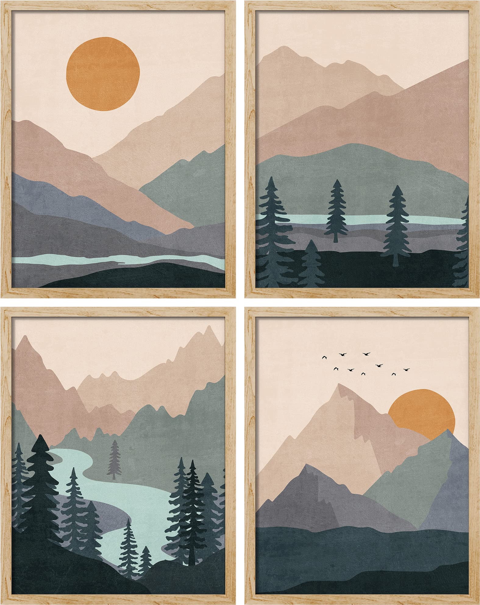 Signwin Framed Teal Orange Mountain Forest River Wall Art, Set Of 4 Landscape Wall Decor Prints, Wilderness Nature Wall D  Cor F