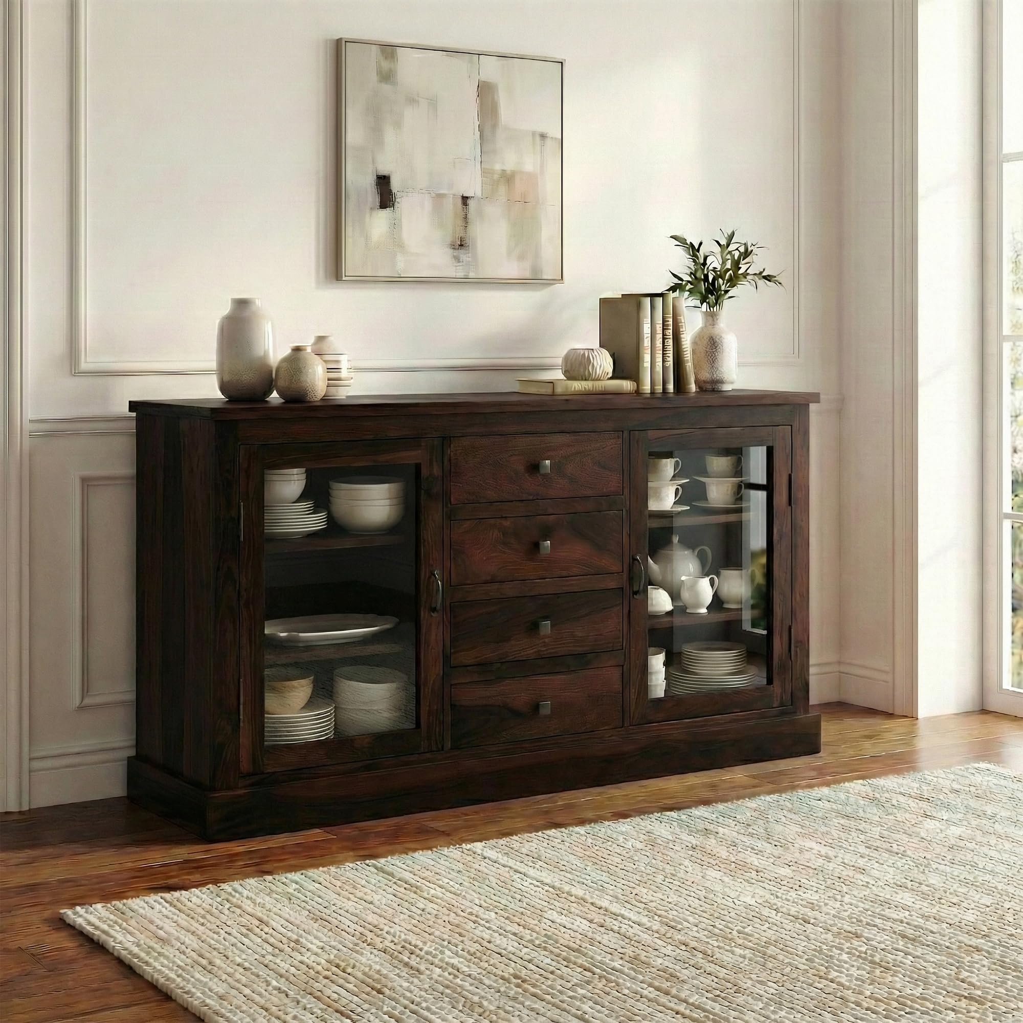 Sona Art & Crafts Solid Sheesham Wood Sideboard Cabinet Storage Organizer With 4 Drawer & 2 Glass Door Crockery Cabinet For Home