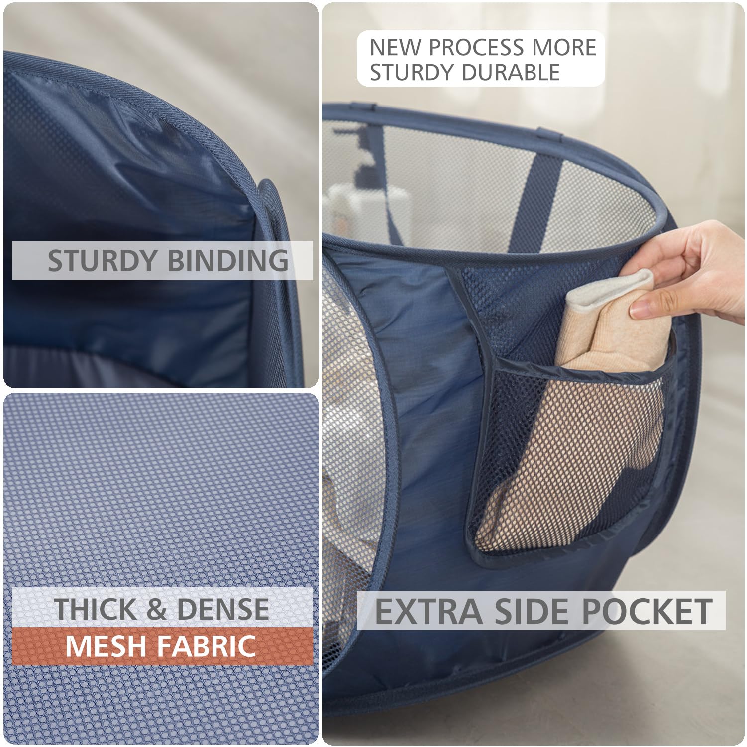 Honoma Sturdy Mesh Laundry Hamper Basket Bag,Pop Up Basket With Side Pocket For Laundry Room, Bathroom, Kids Room, College Dorm