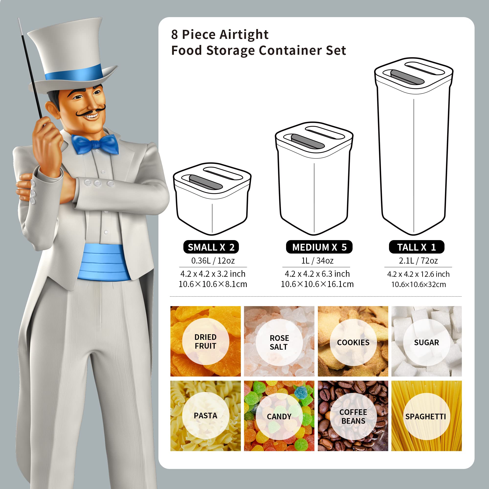 MR.SIGA Airtight Food Storage Container Set, 8 Piece, BPA Free, Plastic, White, Model SJ21806