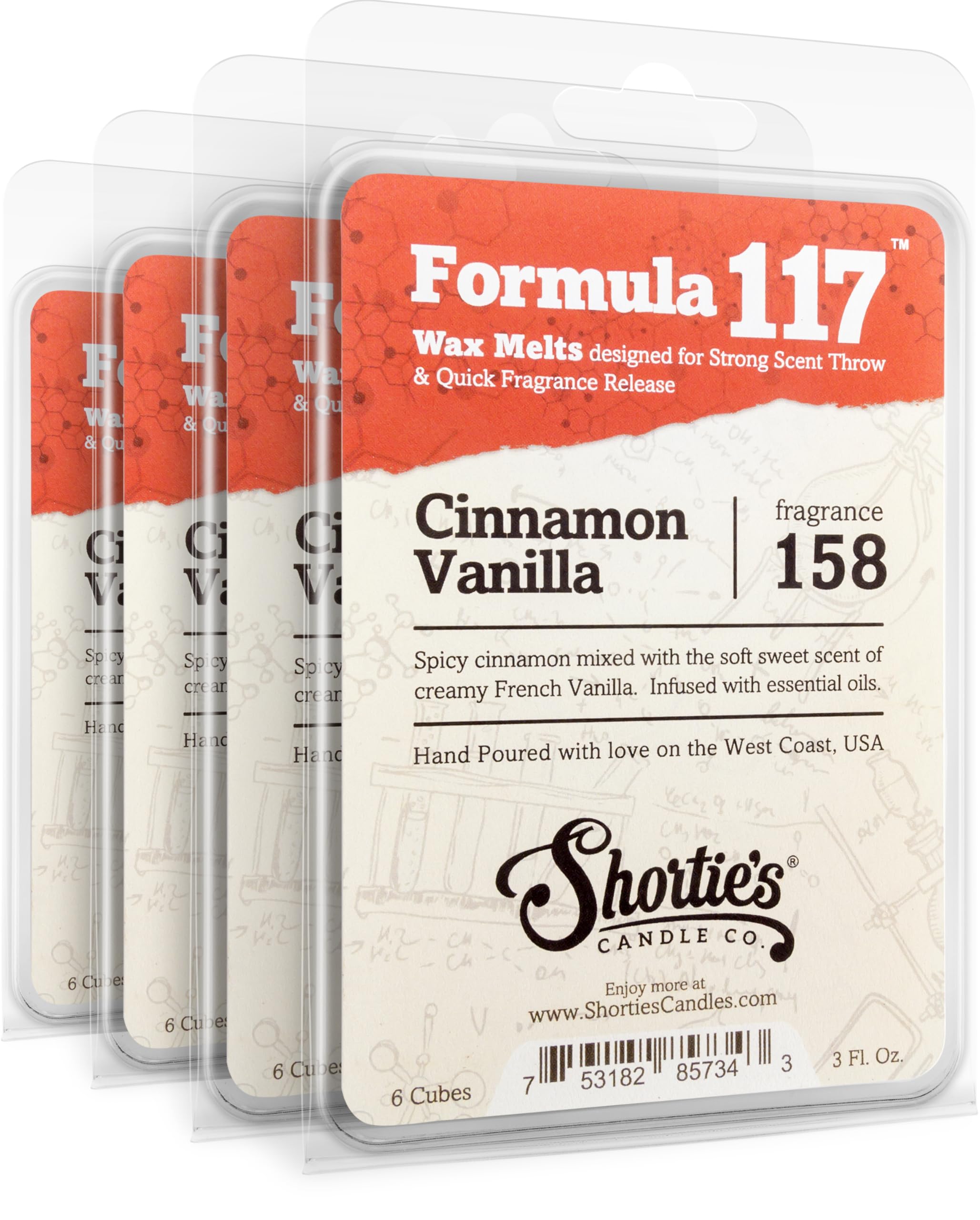 Shortie's Candle Company Cinnamon Vanilla Wax Melts Bulk Pack - Formula 117-4 Highly Scented 3 Oz. Bars (12 Oz. Total) - Made wi