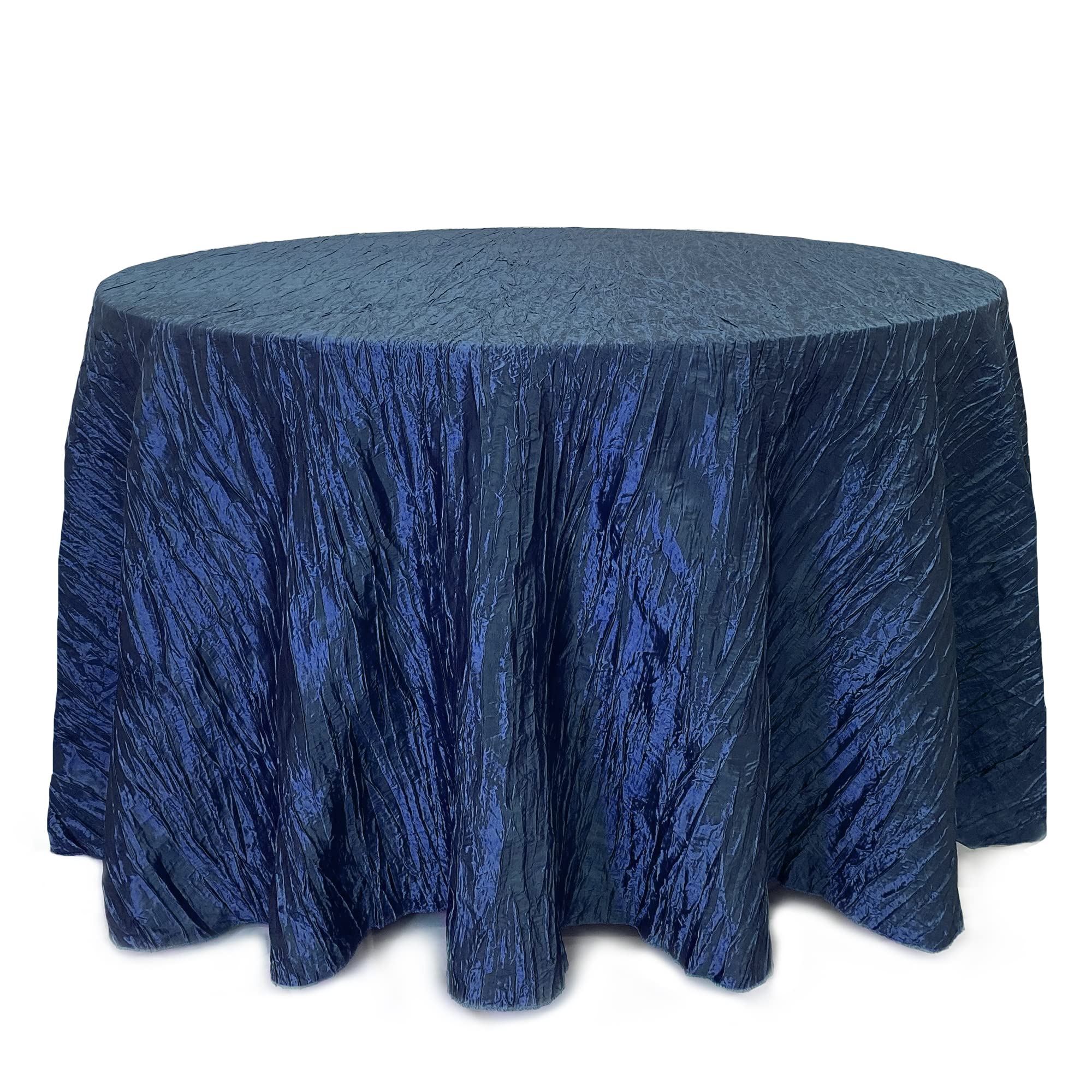Your Chair Covers - 132 Inch Round Crinkle Taffeta Tablecloth - Navy Blue  Crushed Shiny Dining Table Cloth for Wedding Party Birthday Baby Bridal Shower