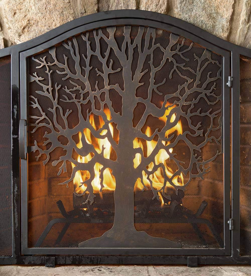 Plow & Hearth Metal Fireplace Screen Tree Of Life Black | 38'' W X 31'' H | Flatguard | Spark Guard Grate | Iron Fire Place Cove