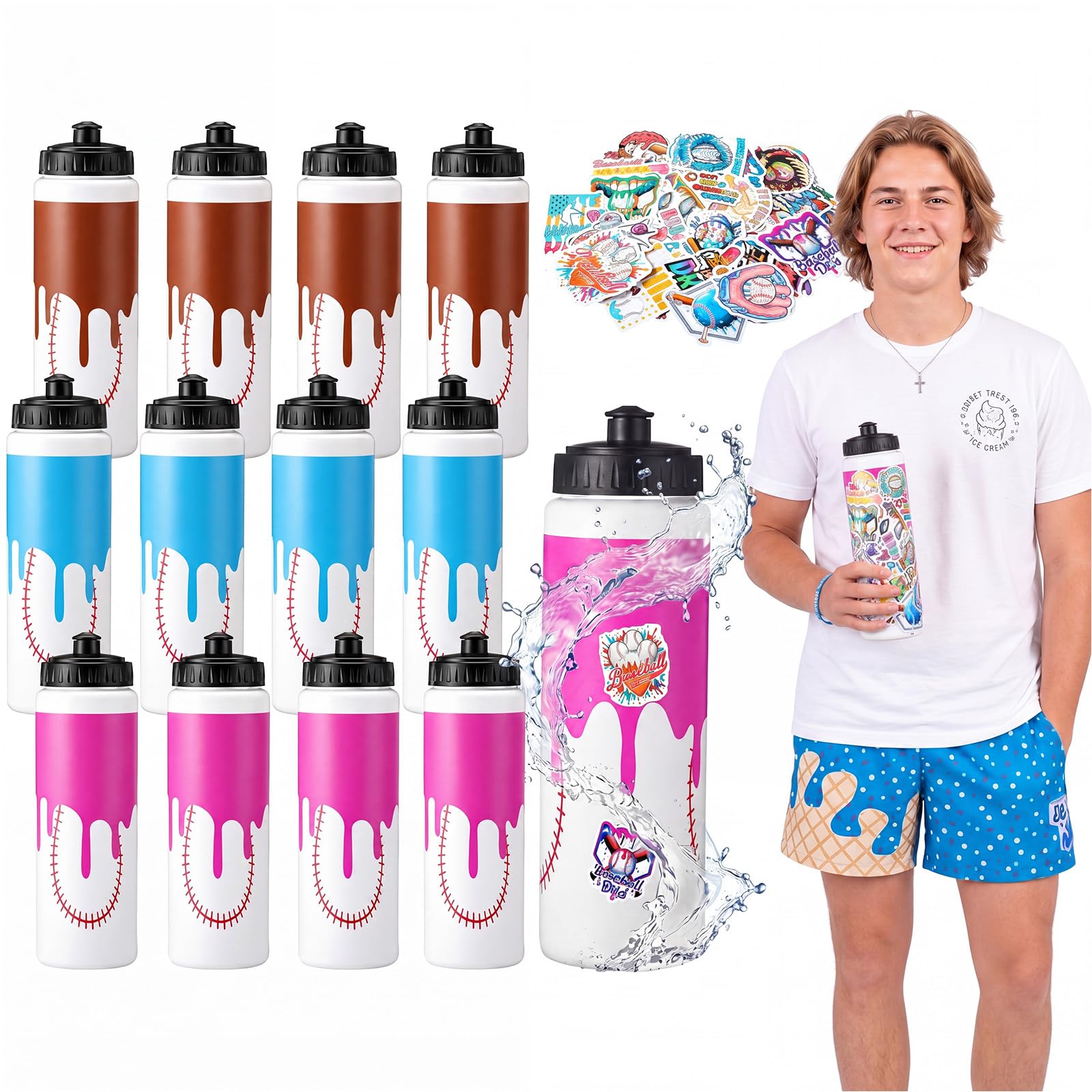 Acellegic Baseball Drip Ice Cream Water Bottle with Stickers, Youth Baseball School Sports Water Bottles for Party Favor, Reusab