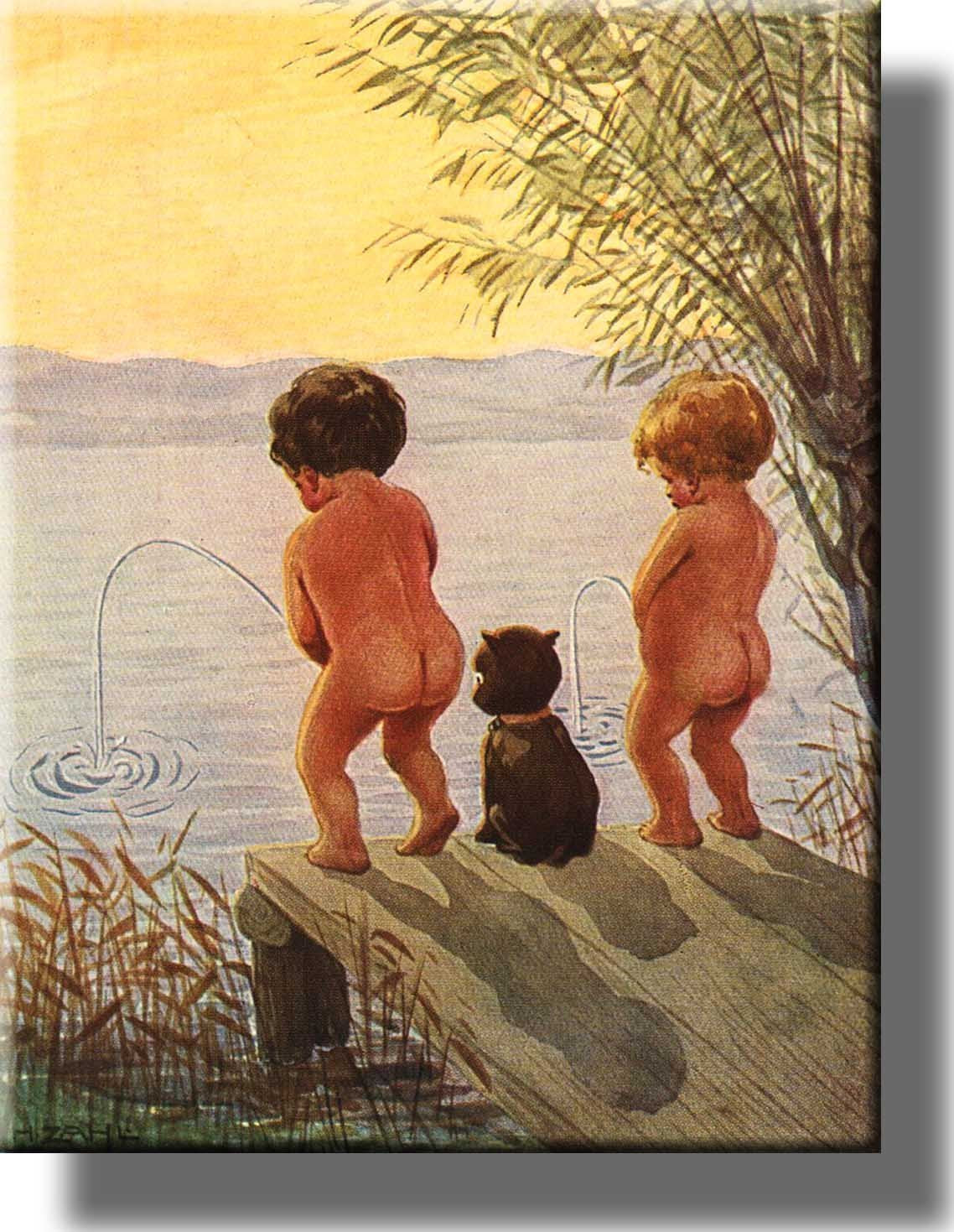 Boys By the Lake Distance Record Toilet Bathroom Picture Made on Stretched Canvas, Wall Art Decor Ready to Hang.