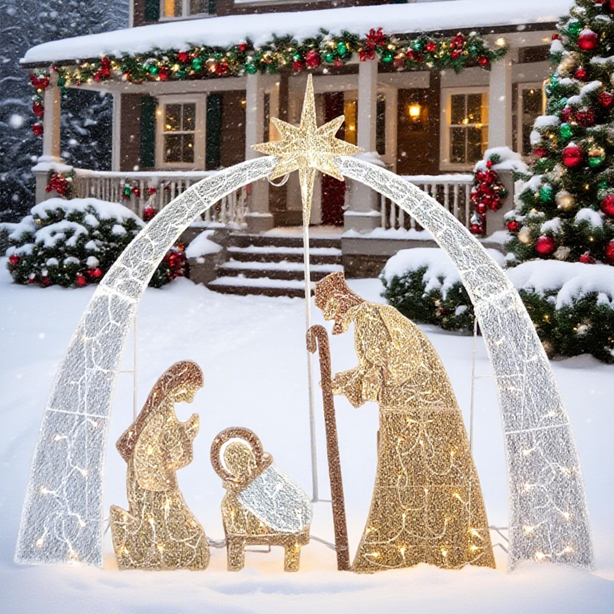 VELTENOVAIRE Outdoor Nativity Scene Christmas Decorations, 54 H Lighted Arch Holy Family Holiday Yard Set, Easy Setup, 115 Warm 