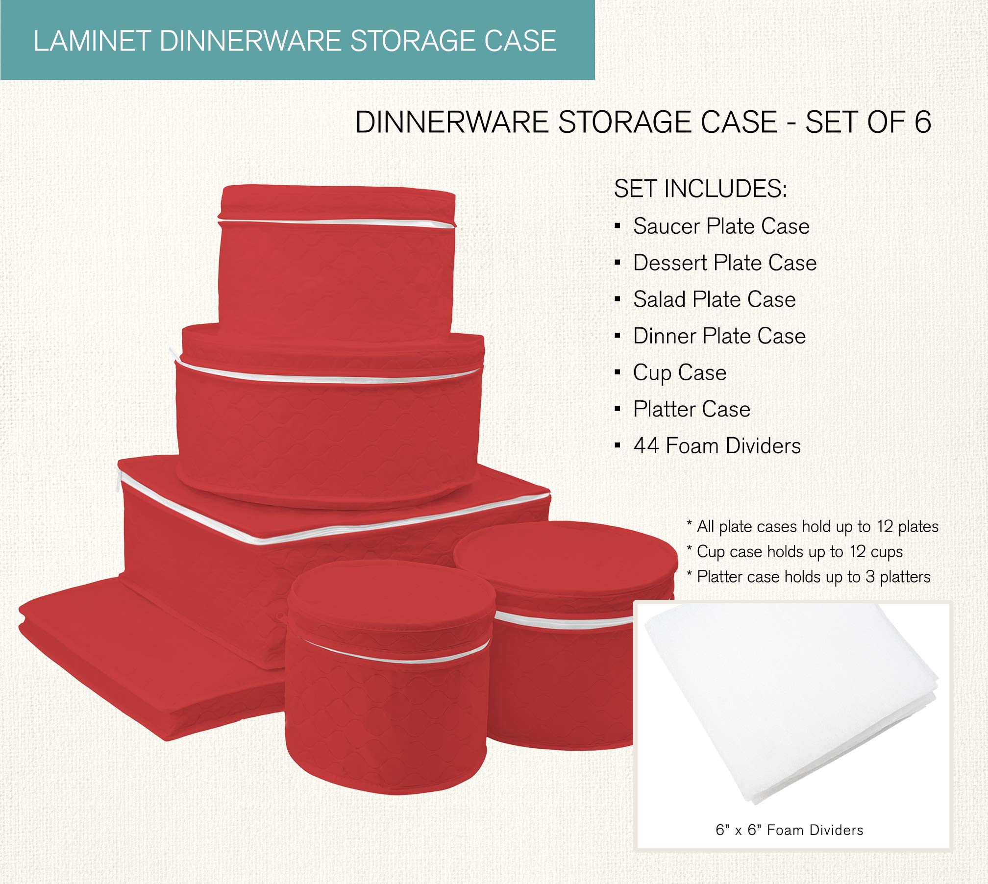 LAMINET 6-Piece Quilted Dinnerware Storage Set - 4 Plate Cases, Cup & Platter Case - Red, Durable Nylon, Starter Size