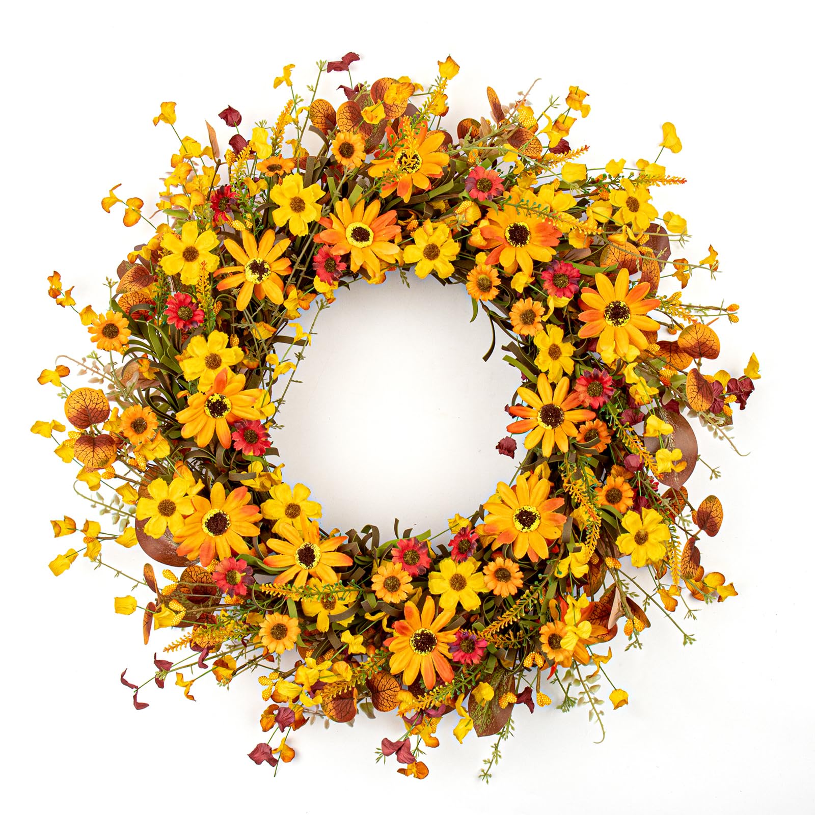 VioletEverGarden Fall Wreaths for Front Door 22 Inch Artificial Fall Wreath Orange Autumn Wreath with Berries and Eucalyptus Lea