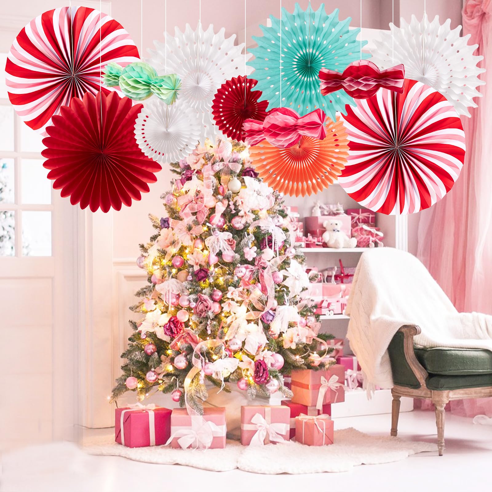 Christmas Hanging Paper Fans Decoration Christmas Peppermint Candy Hanging Ornaments Party Ceiling Hangings Deco Candy Tissue Pa