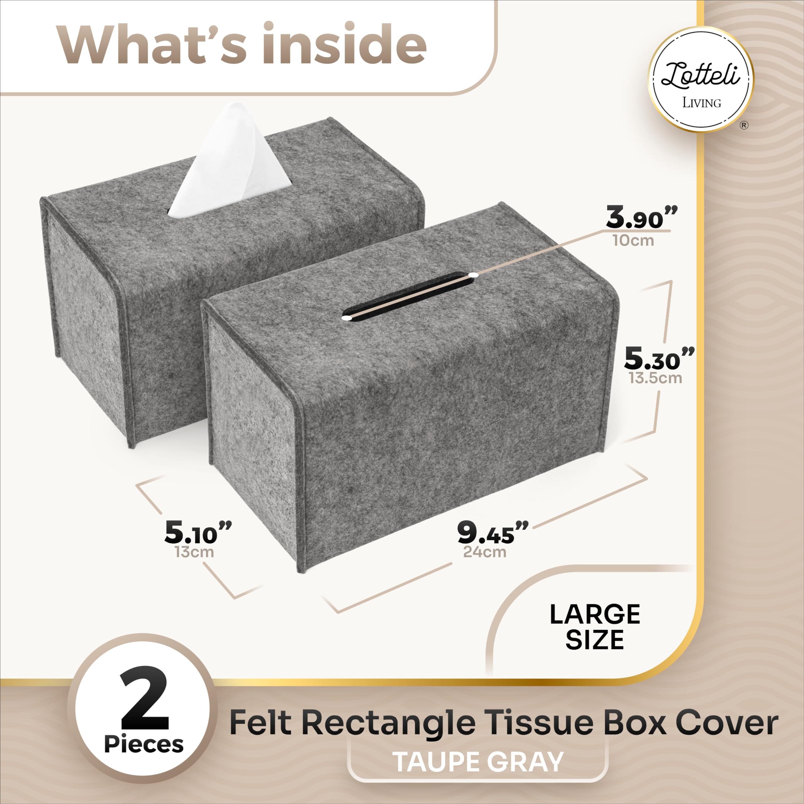 2 Pack Tissue Box Cover - Decorative Tissue Box Holder - Modern Felt Tissue Box Cover Rectangle - Large Size - Taupe