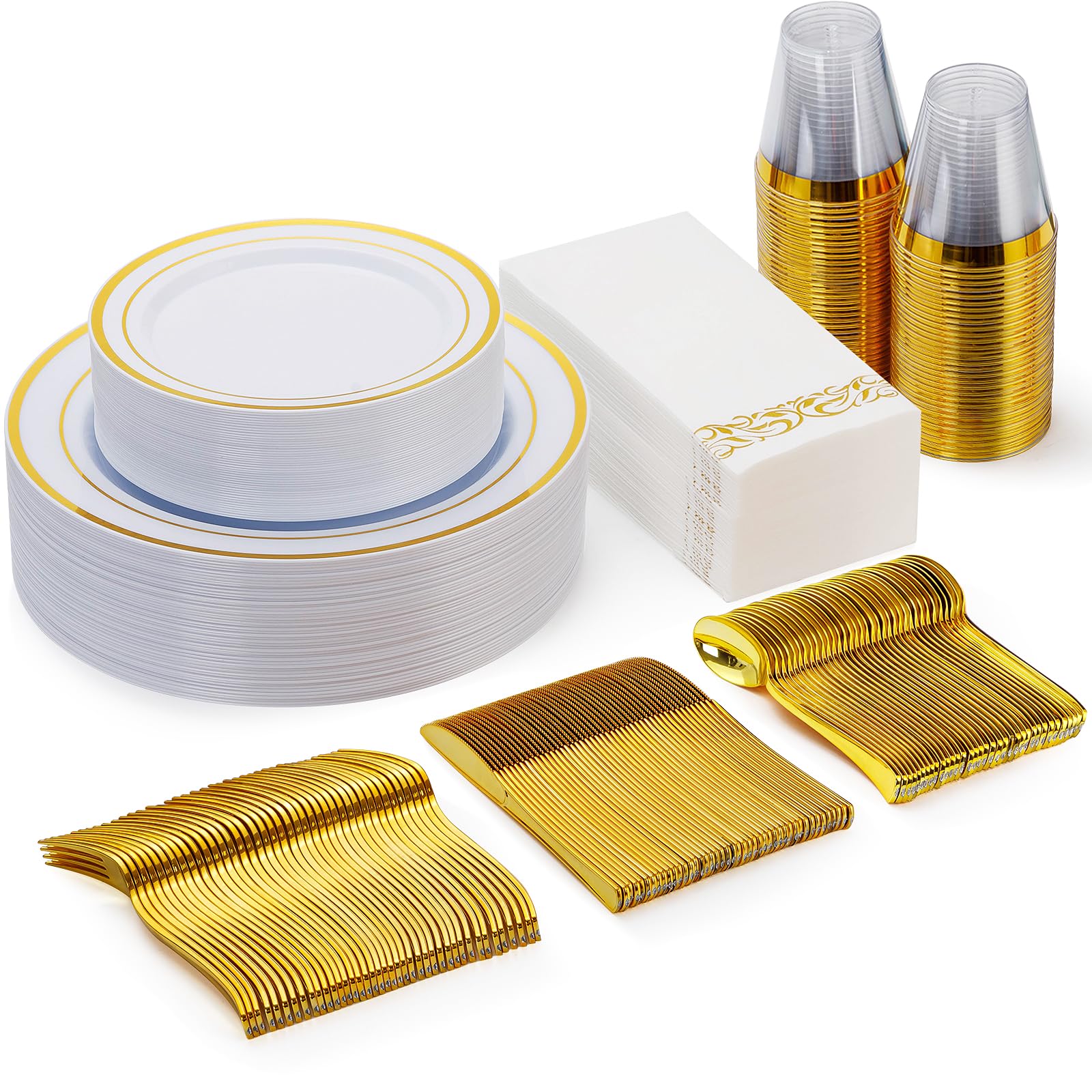 175 Piece Gold Dinnerware Set For 25 Guests, Plastic Plates Disposable For Party, Include: 25 Gold Rim Dinner Plates, 25 Dessert