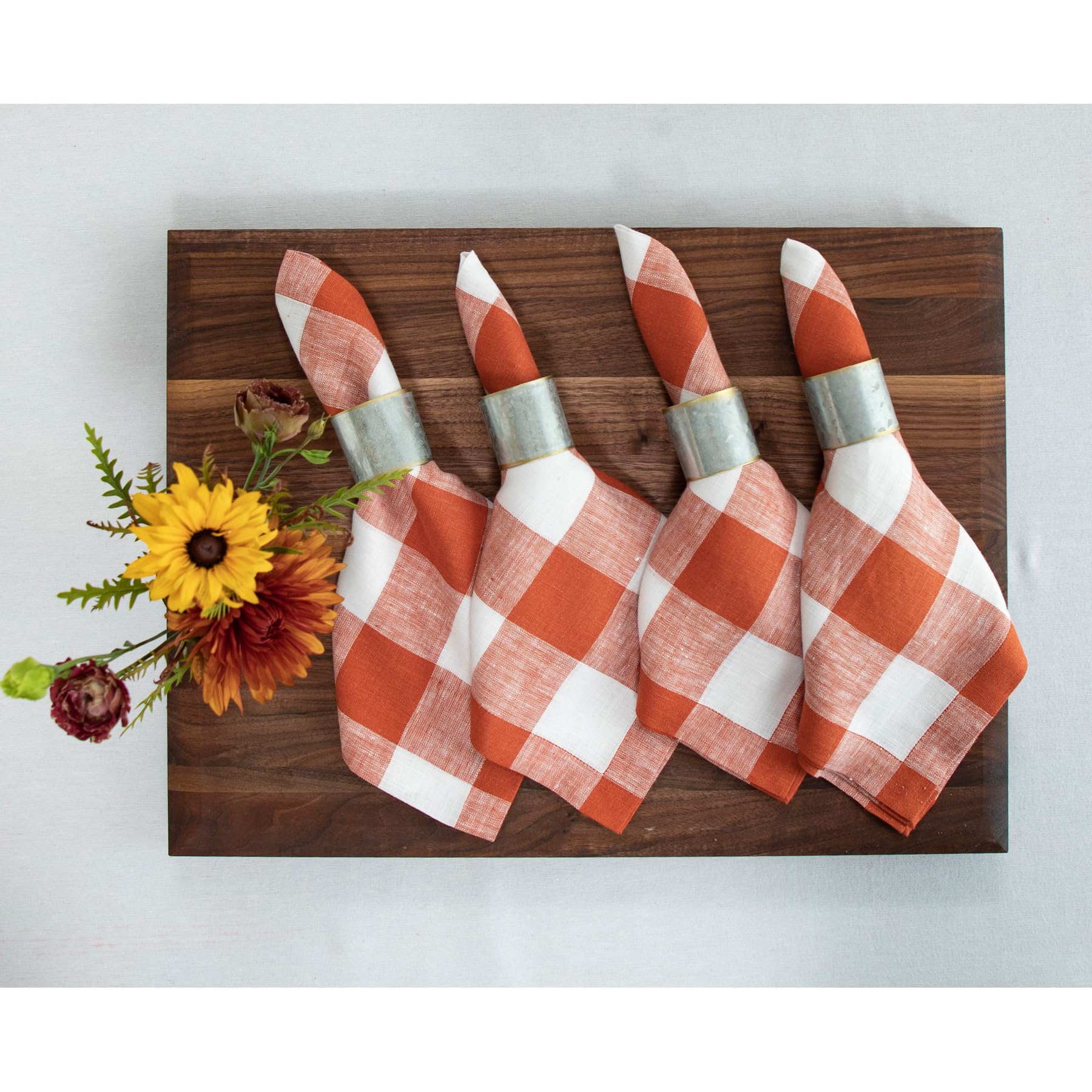 Solino Home Buffalo Check Linen Napkins Set Of 4 - 100% Pure Linen Cinnamon And White Plaid Napkins 20 X 20 Inch - Machine Washa