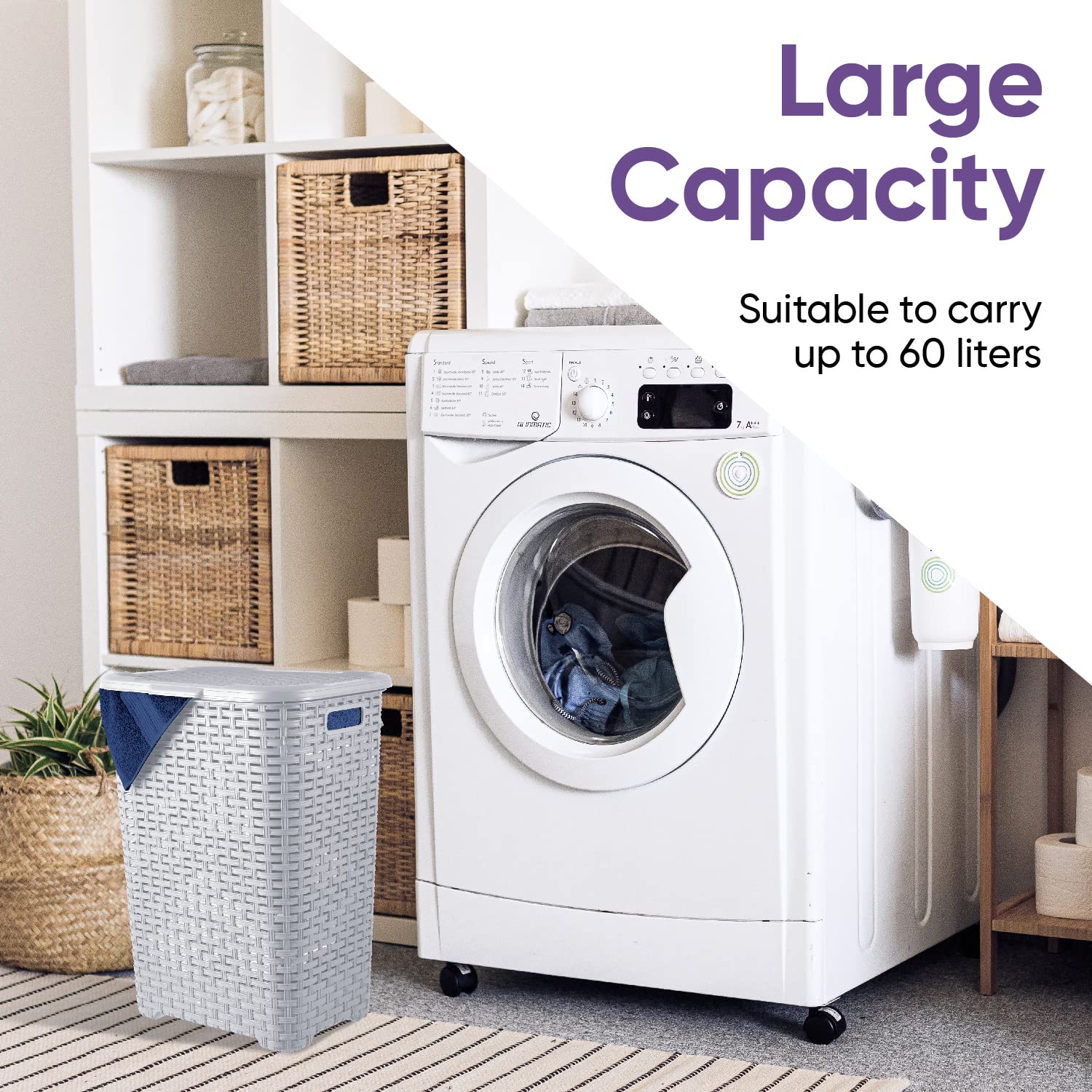 Plastic Laundry Hamper With Lid 3 Pack Laundry Hamper Basket, White Smoke Tall Cloths Hamper Organizer With Cut-Out Handles. Spa