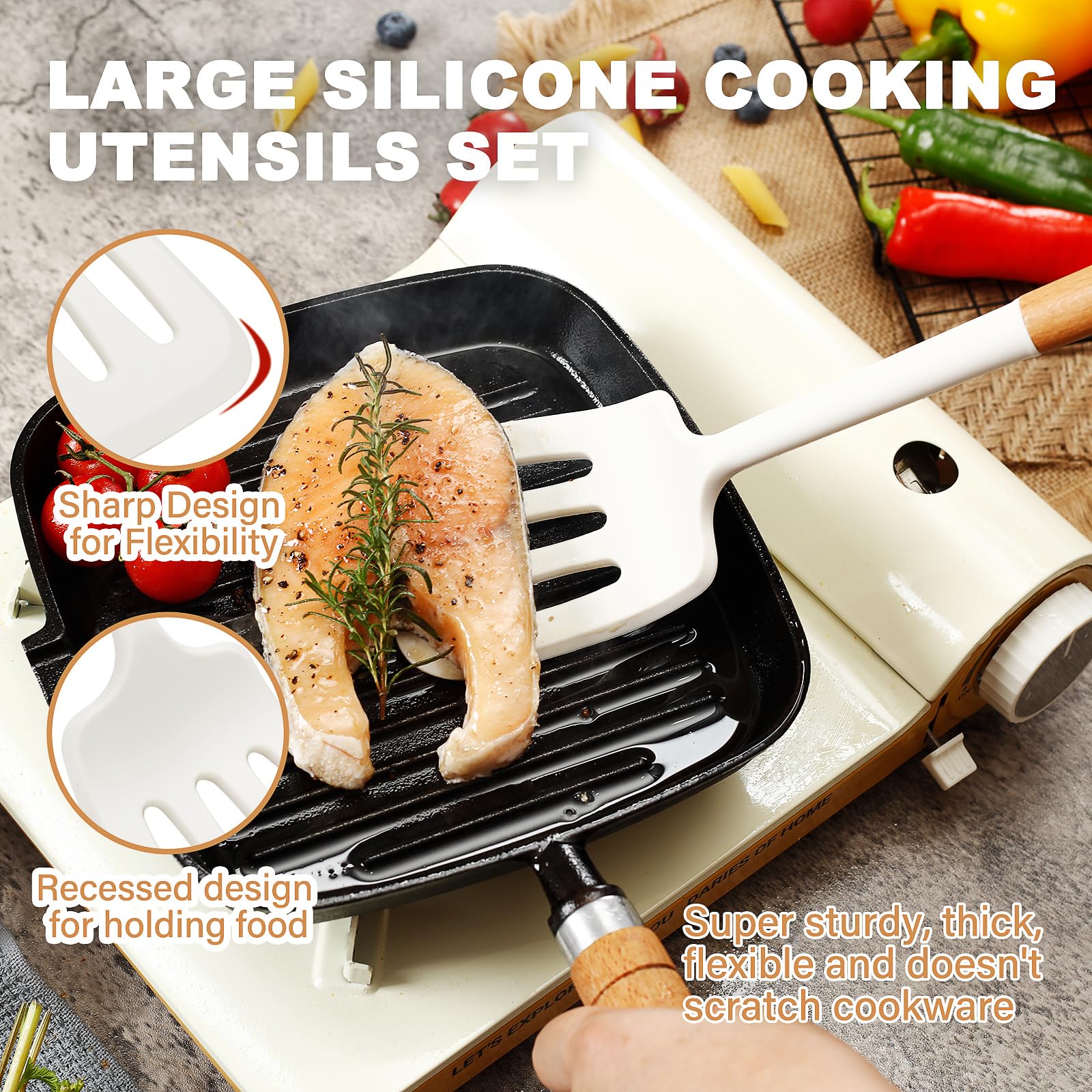 Qmvess Large Silicone Cooking Utensils Set 7 Pcs Heat Resistant Kitchen Utensils Set Food Grade Silicone And Wooden Handles Spat