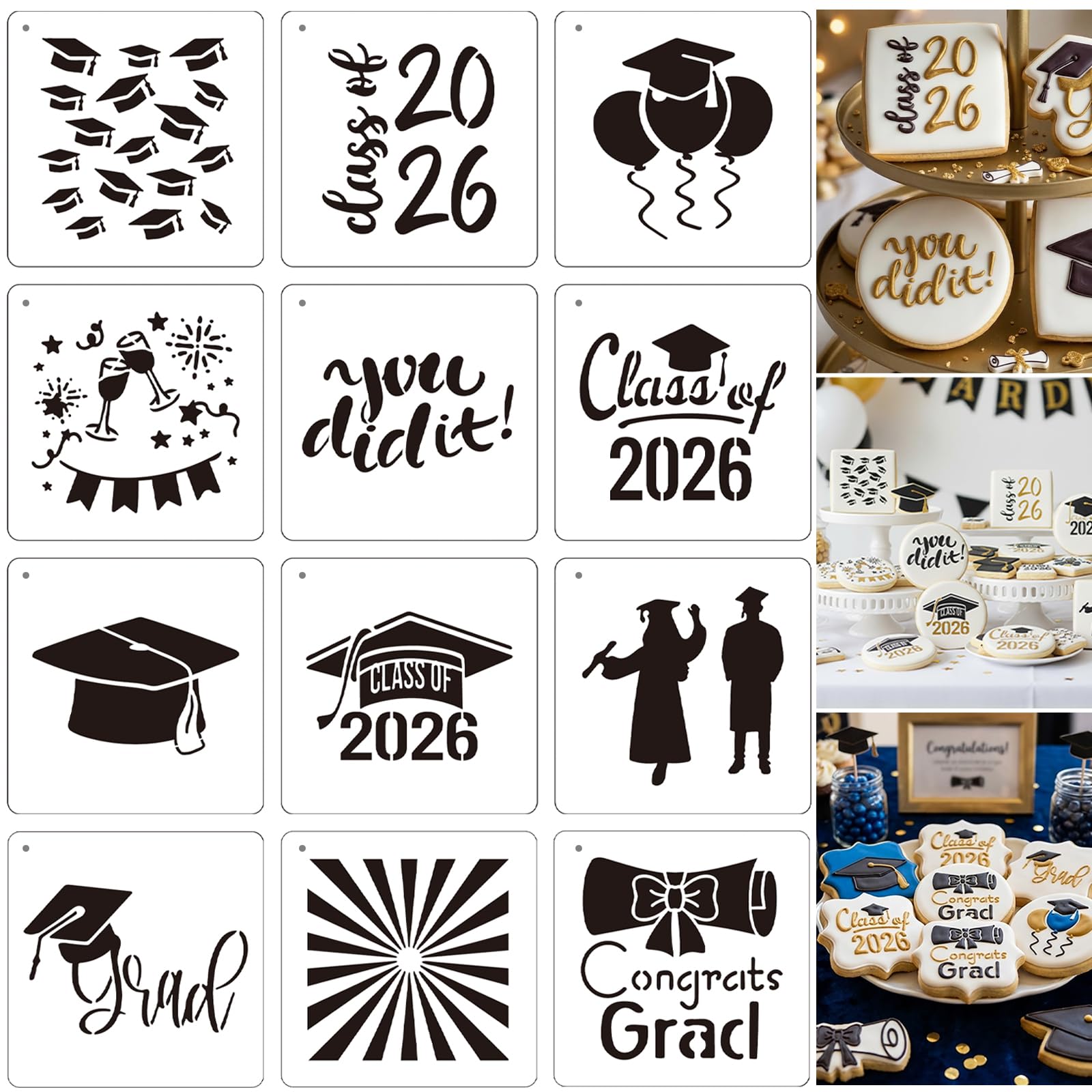 12PCS Graduation 2026 Cookies Stencils, 4Inch Class of 2026/Congratulations/Graduation Balloons/You did it/Grad for Baking, Roya