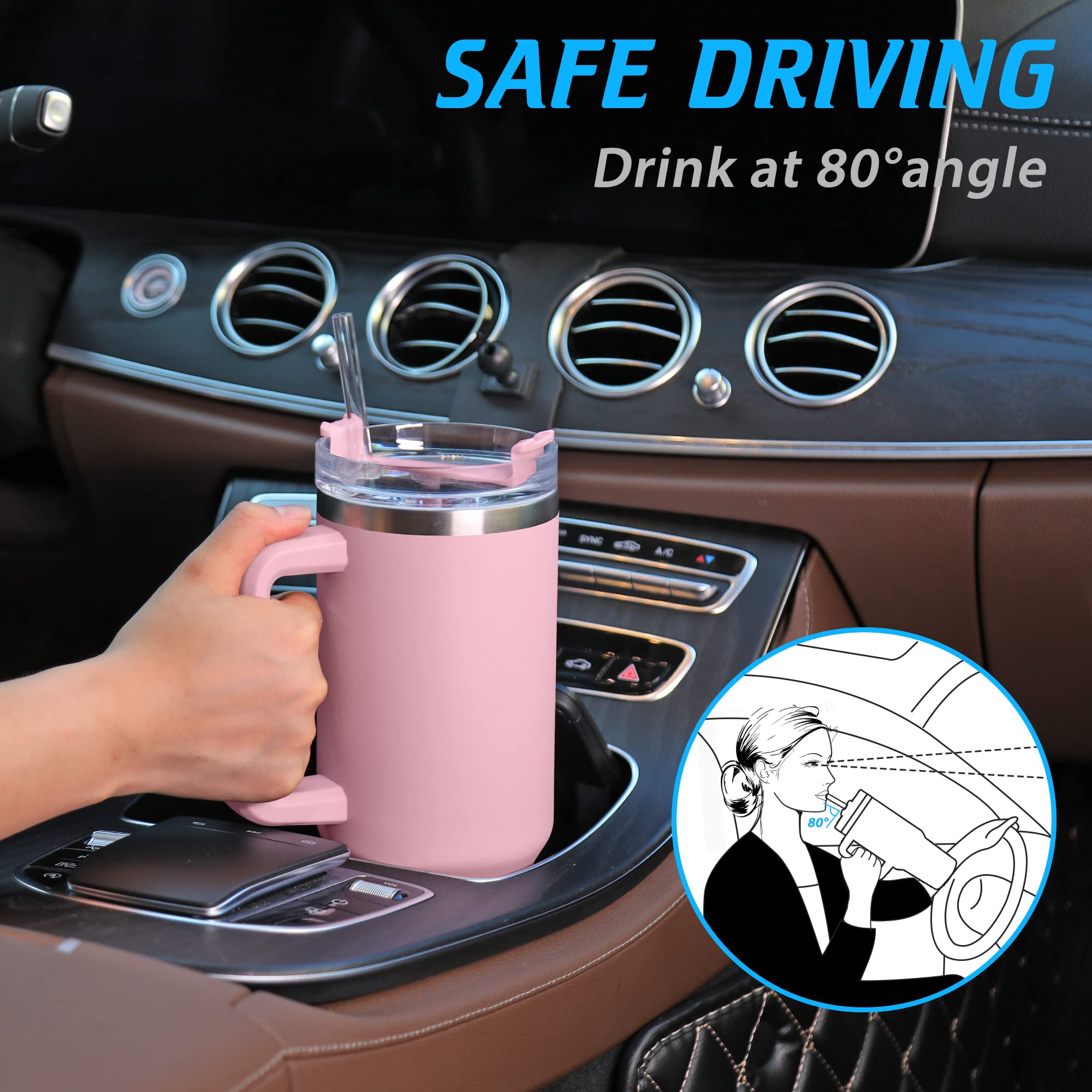 40 Oz Tumbler With Handle And Straw, Pink Insulated Travel Mug Iced Coffee Cup, Reusable Stainless Steel Insulated Water Bottle,