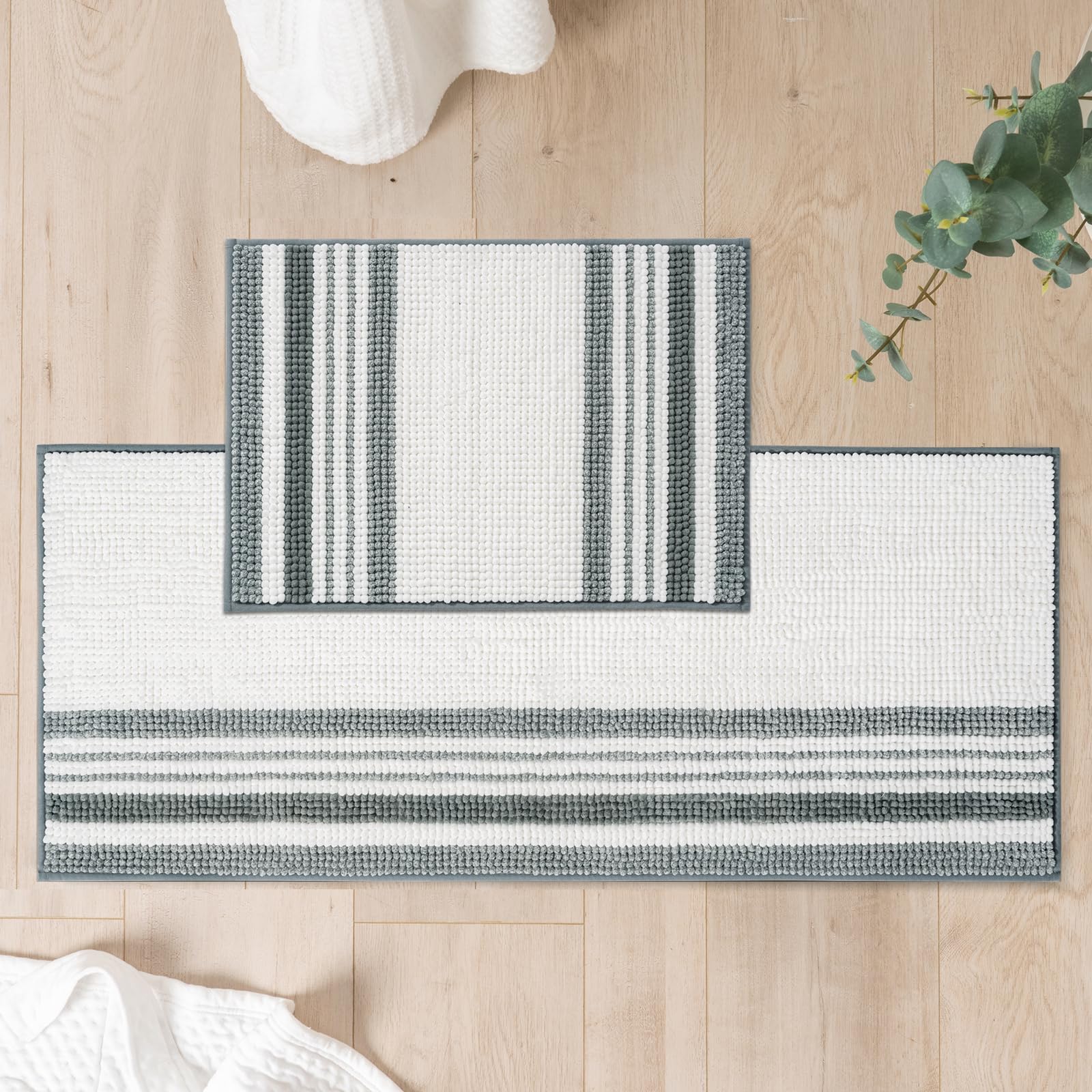 Freshmint Stripe Chenille Bathroom Rugs Sets 2 Piece 17''X24''+20''X47'', Large Bath Mats For Bathroom Floor Non-Slip, Washable