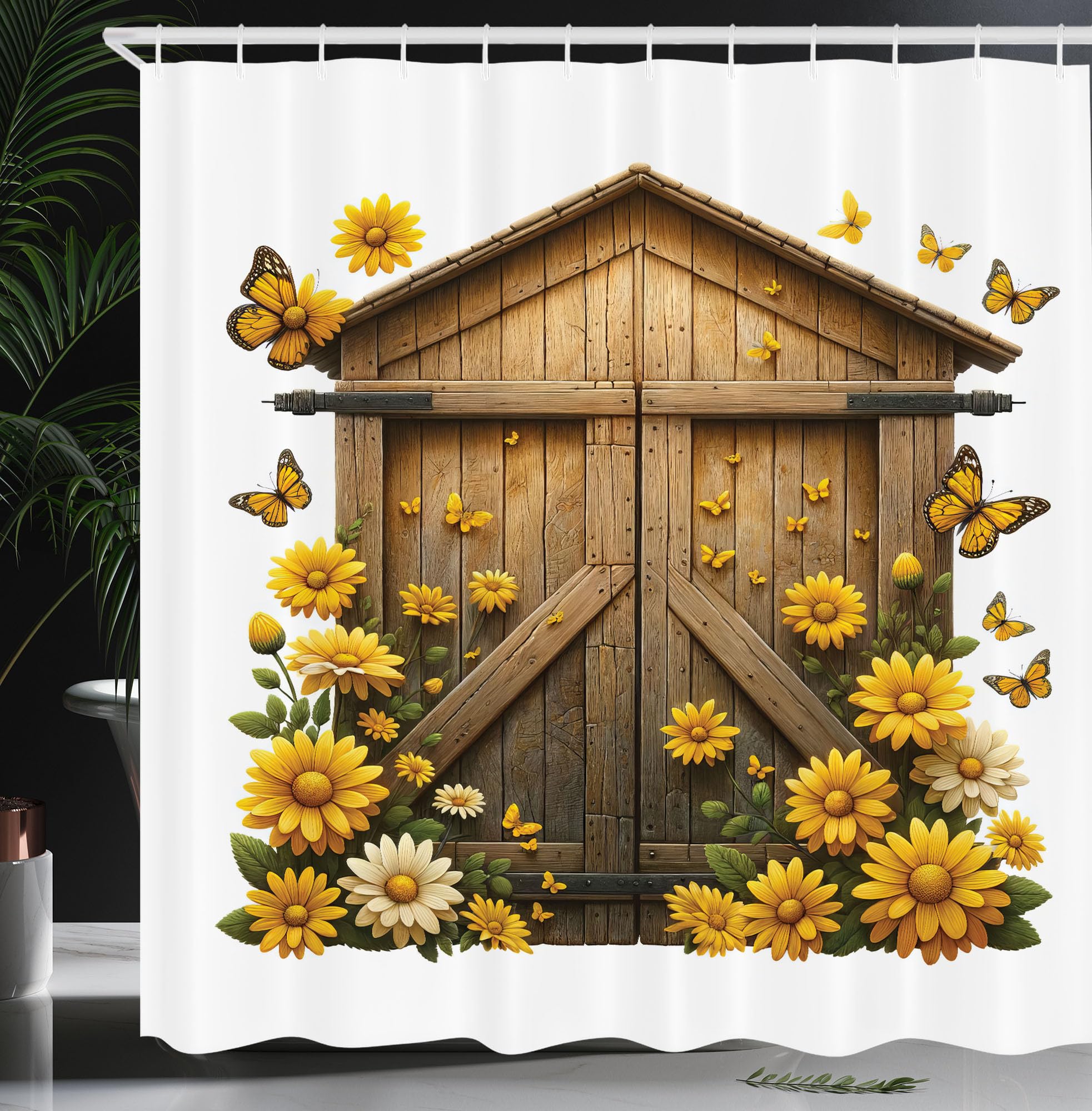 Ambesonne Rustic Shower Curtain, Farmhouse Lover Countryside Wooden Barn Cottage Summer Flowers Butterfly, Cloth Fabric Bathroom
