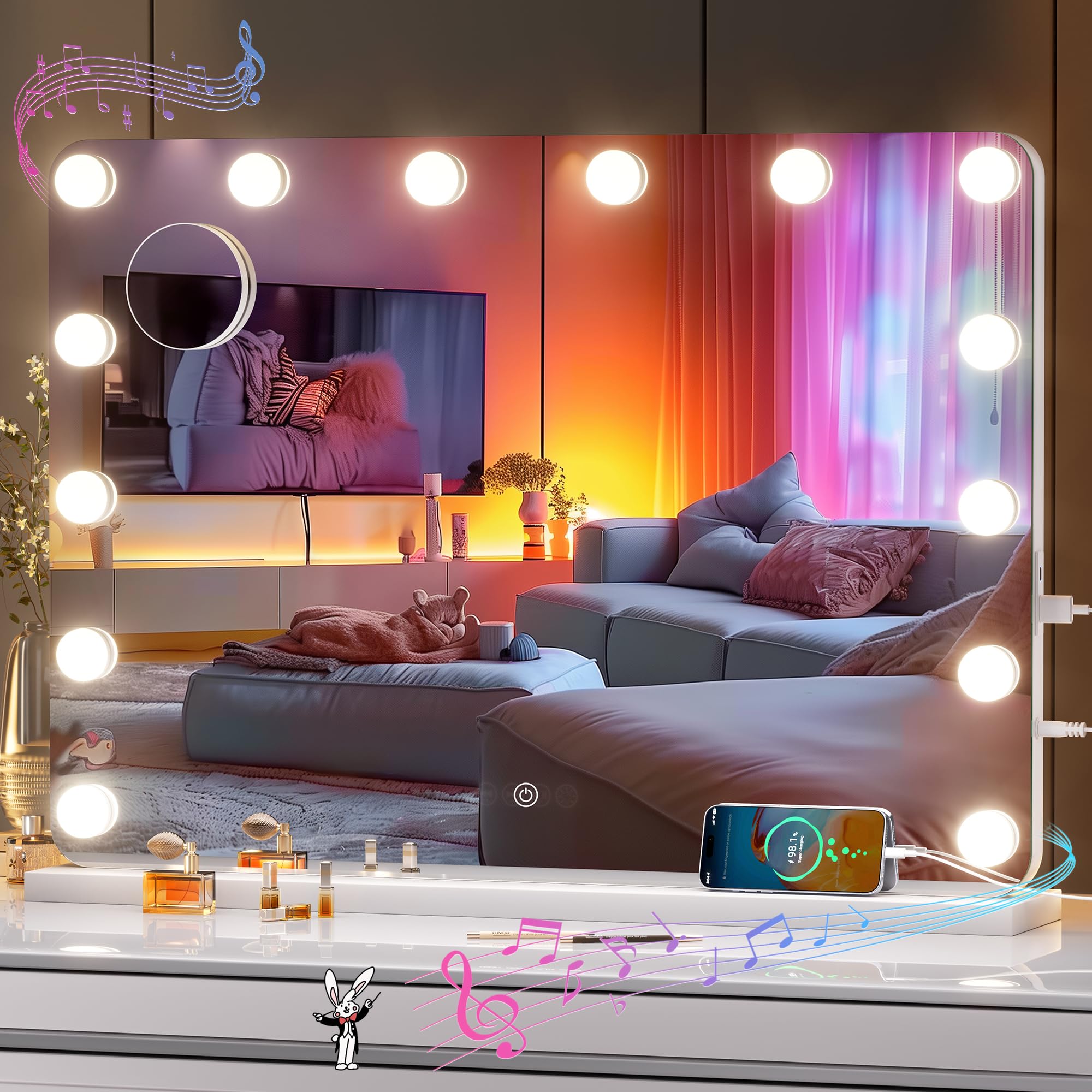 28''X20'' Vanity Mirror With Bluetooth Speaker, Hollywood Lighted Makeup Mirror With 14 Dimmable Led Bulbs, 3 Color Lighting Mod