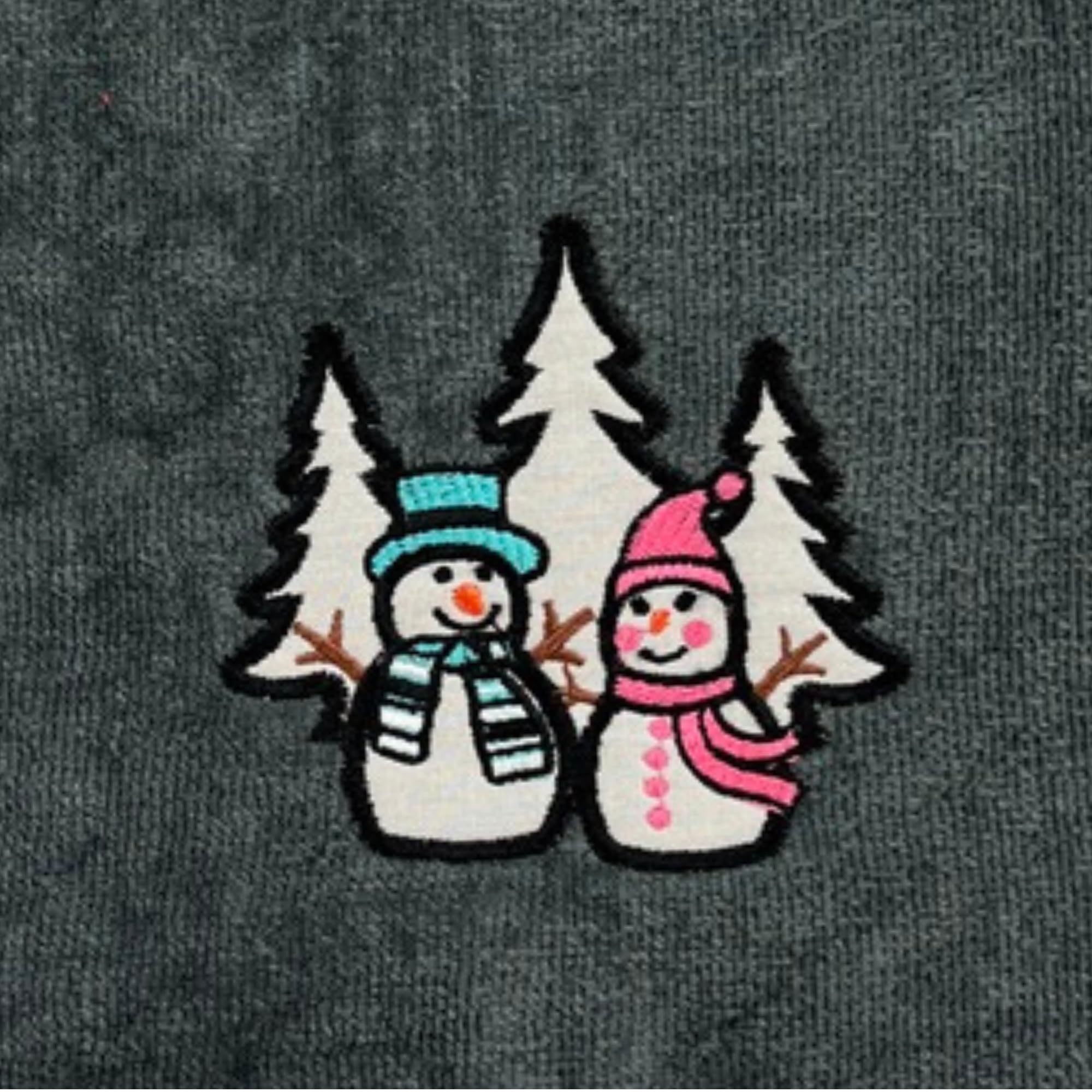 Luxury Holiday Christmas Hand Towels, Embroidered Snowmen, Forest Trees, Velour Terry Cotton, Grey, Set Of 2