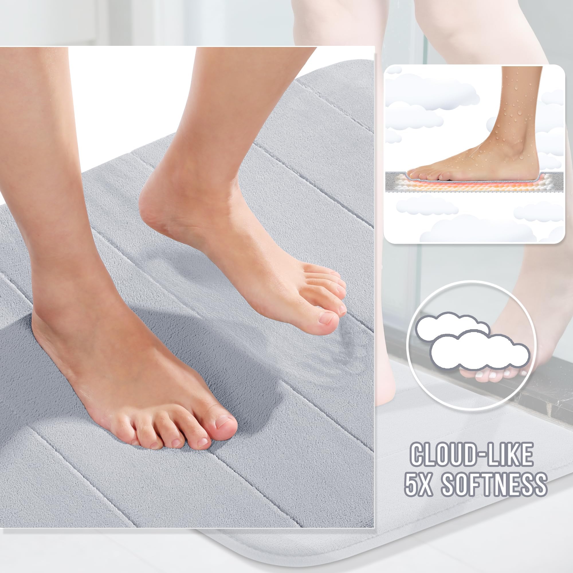Yimobra Memory Foam Bath Mat Large Size  Soft and Comfortable  Super Water Absorption  Non-Slip  Thick  Machine Wash  Easier to Dry for Bathroom Floor Rug (36.2 x 24 Inch  Silver)