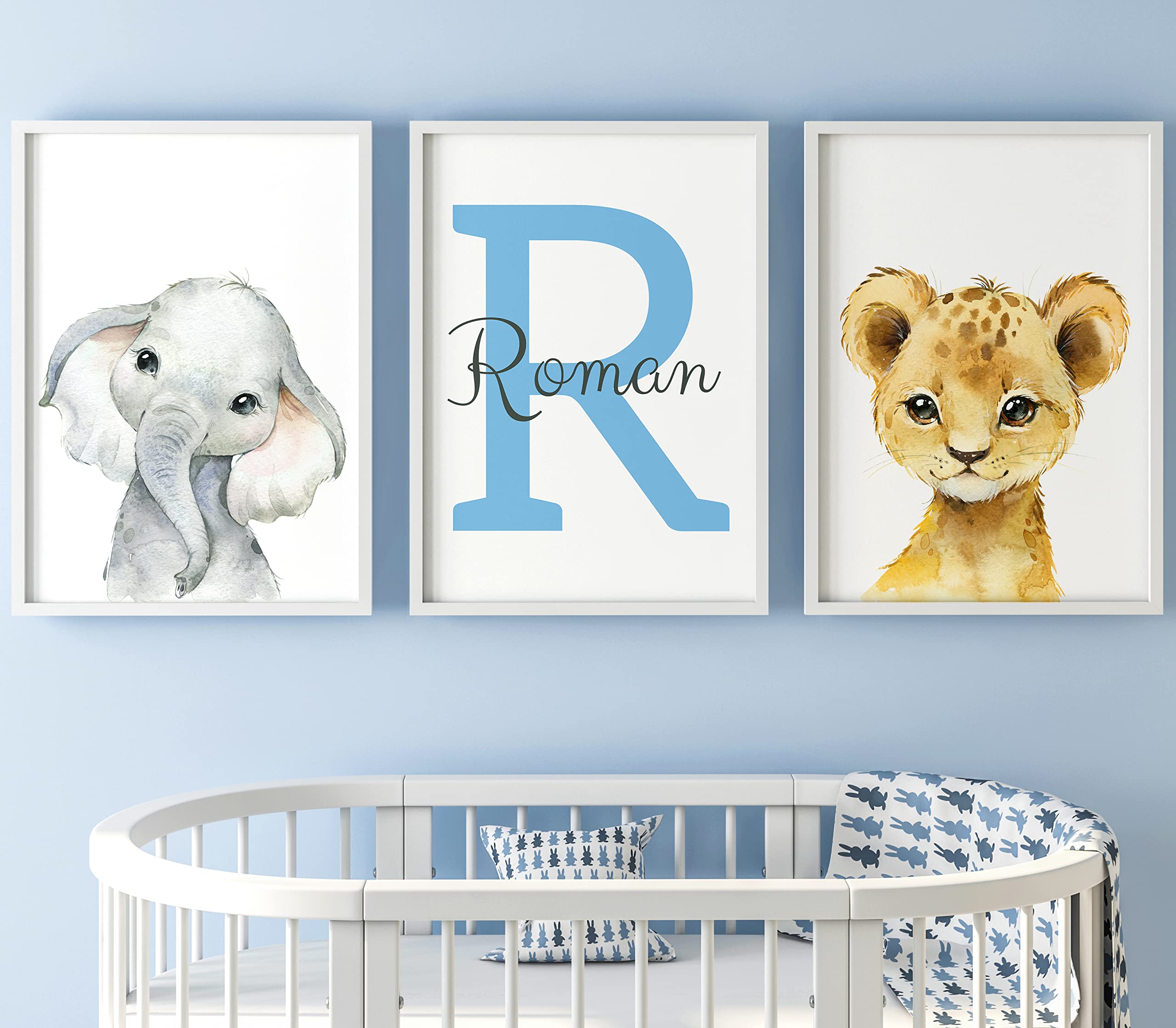 Personalized Safari Animals For Boy Girl Nursery, Set Of 3 Unframed Bedroom Poster Prints, Personalized Name Blue Green Yellow,