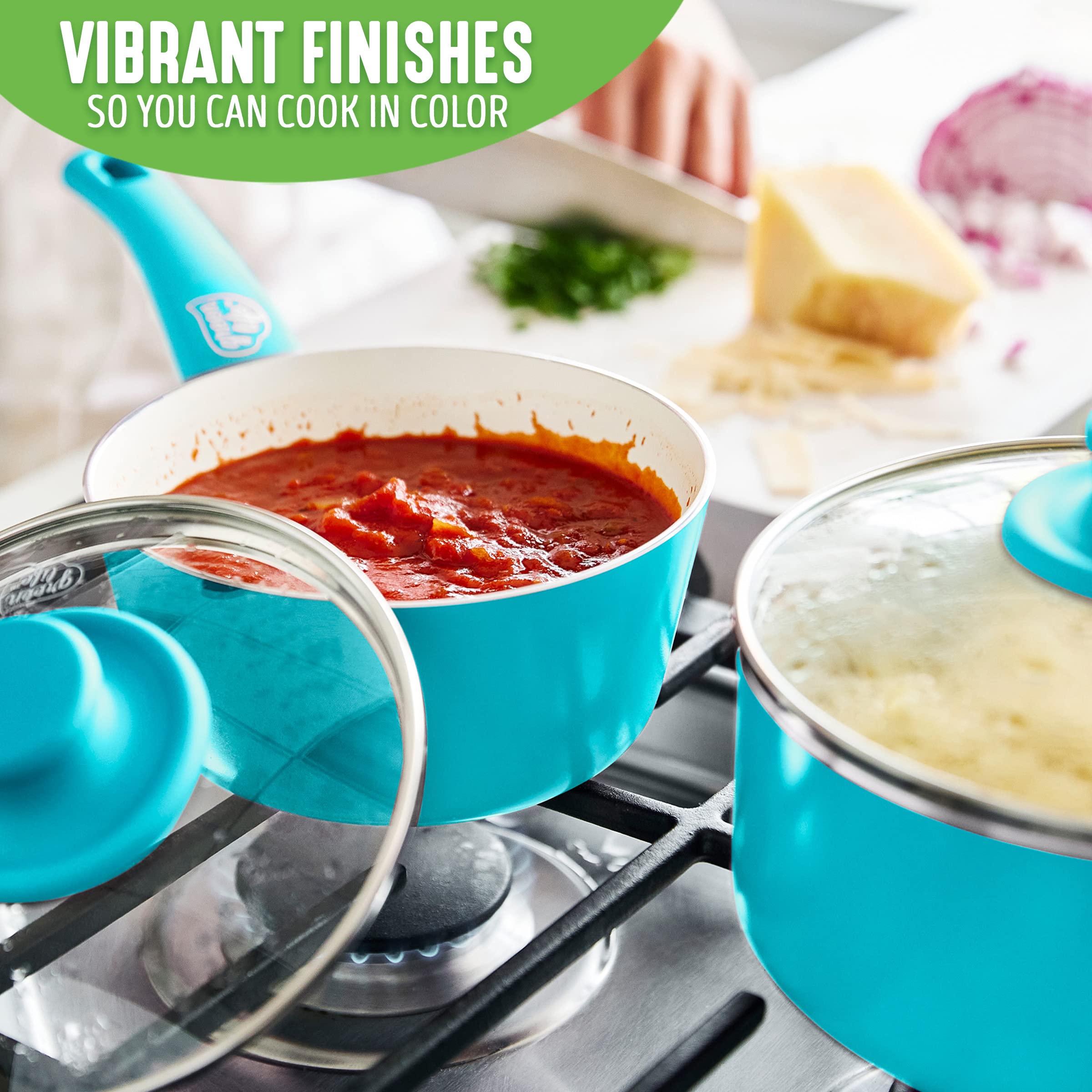 Greenlife Soft Grip Healthy Ceramic Nonstick, 1Qt And 2Qt Saucepan Pot Set With Lids, Pfas-Free, Dishwasher Safe, Caribbean Blue