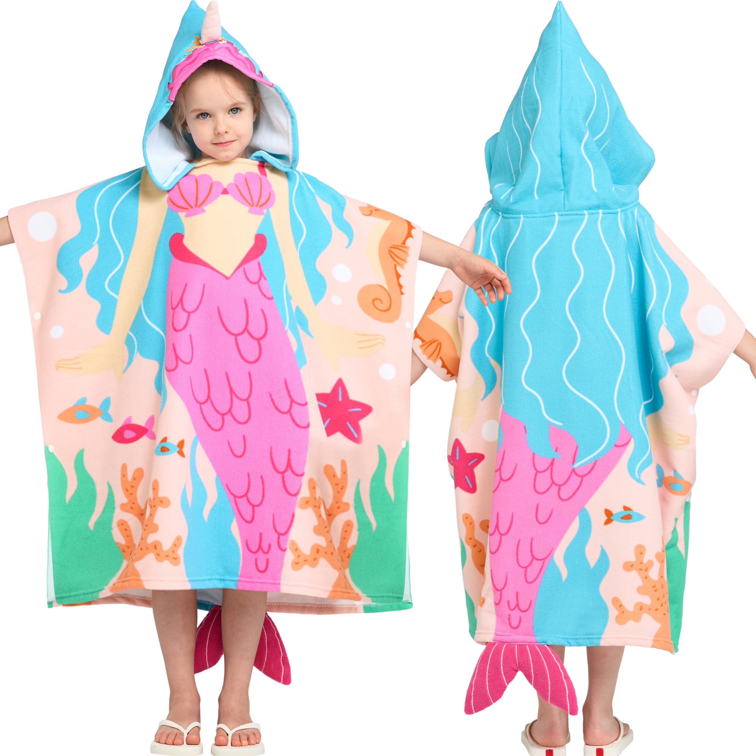 Joiedomi Kids Beach Towel  Mermaid Hooded Bath Towel  For Boys Girls 310 Years 30 X 30  Toddler Soft Absorbent Swim Pool T