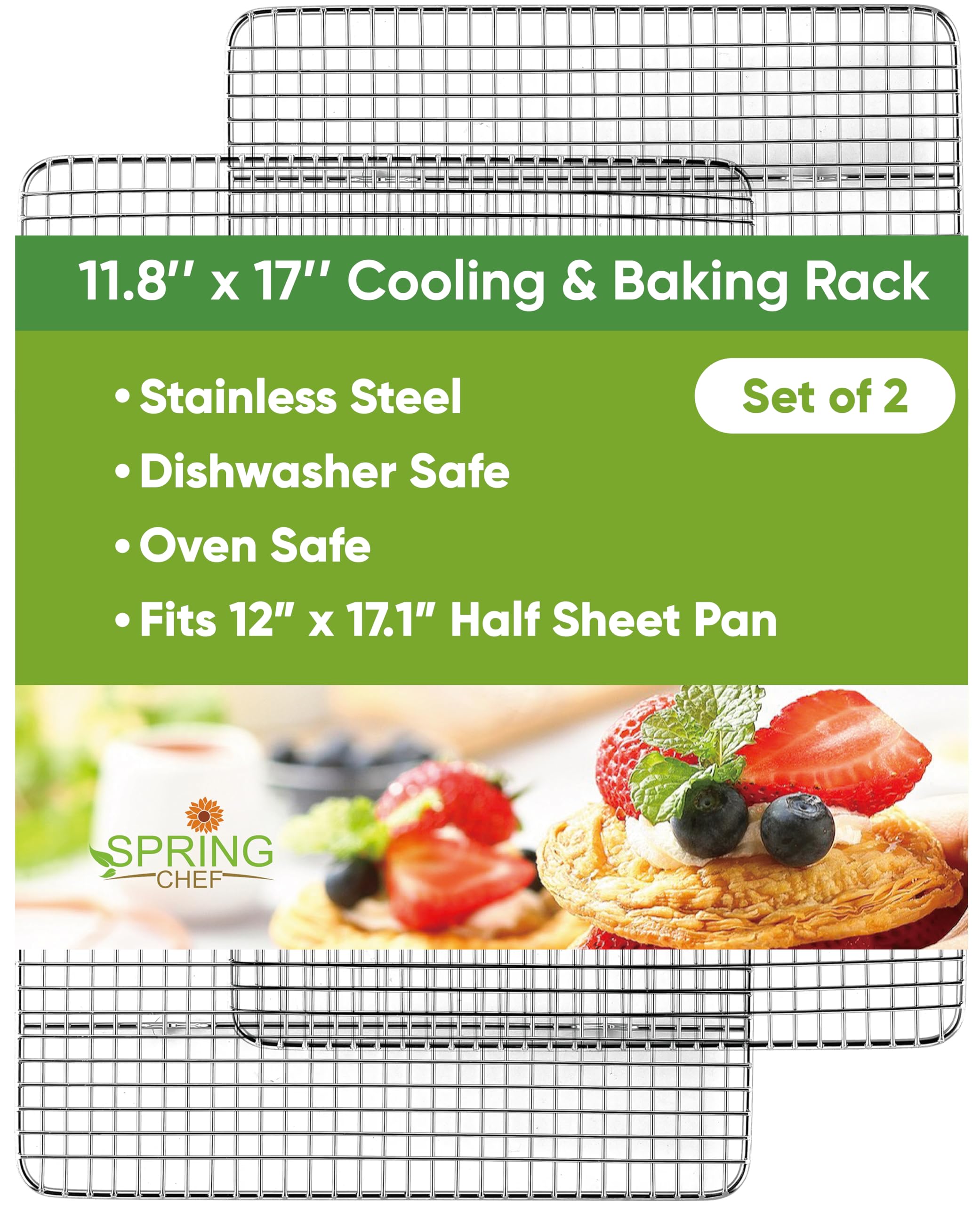 Spring Chef 11.8 x 17 Inch Stainless Steel Cooling Racks for Cooling & Baking - Oven Safe - Wire Roasting Racks for Oven Use - F