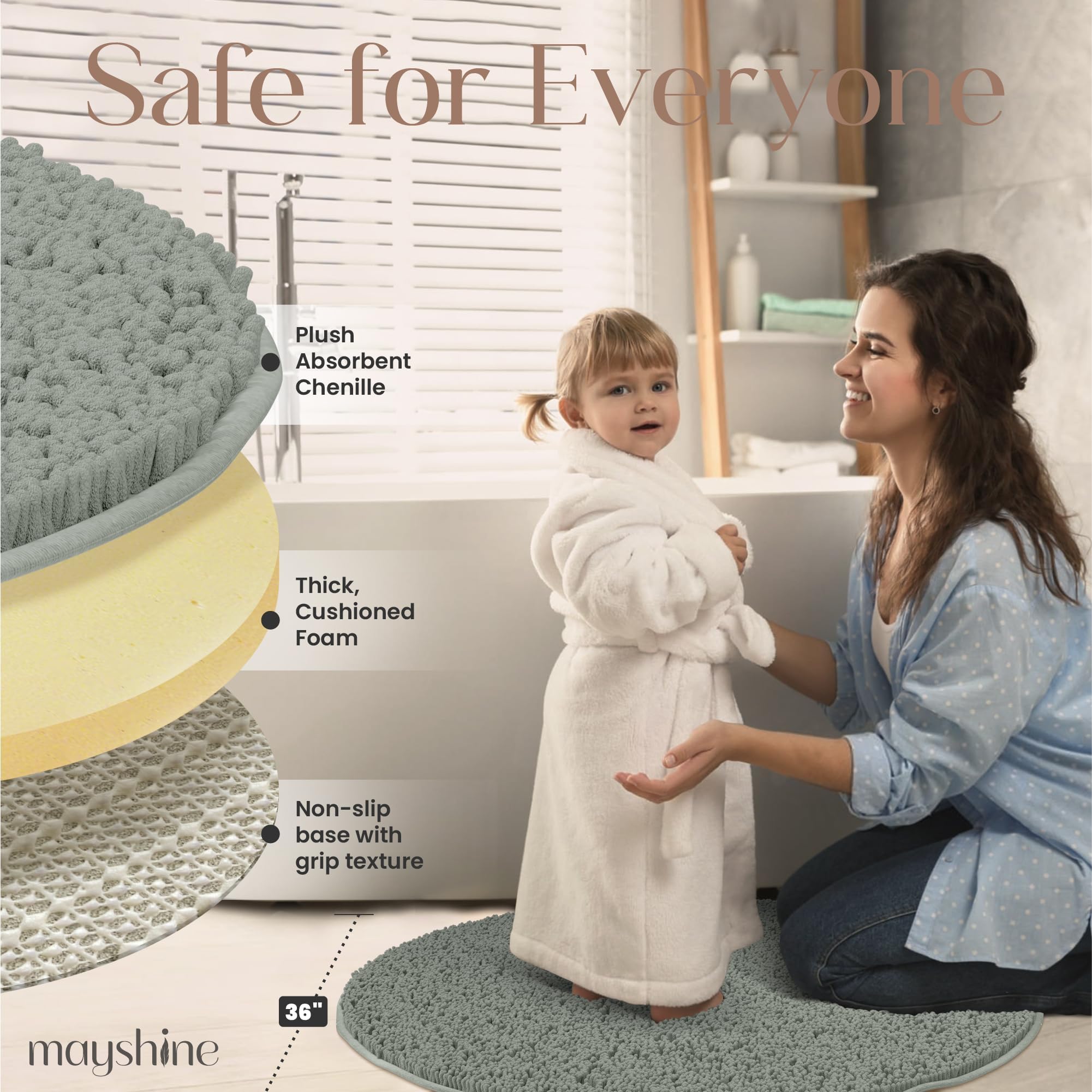 Soft Plush Chenille Round Bathroom and Area Rug  Absorbent Microfiber Bath Mat  Machine Washable  Non-Slip Grip  Quick-Dry  Great for Bath  Shower  Bedroom  Dog or Door Mat (Sage Green  3x3 Foot)