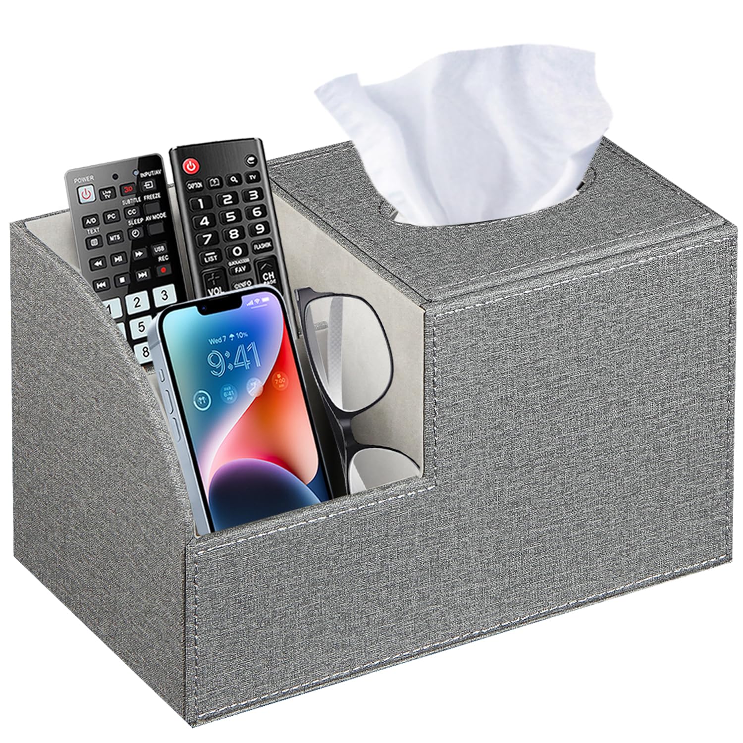 Square Tissue Box Cover - Multi-Functional Tissue Box Holder, Tissue Box Cover With Storage,Tissue And Remote Control Holder, Cu