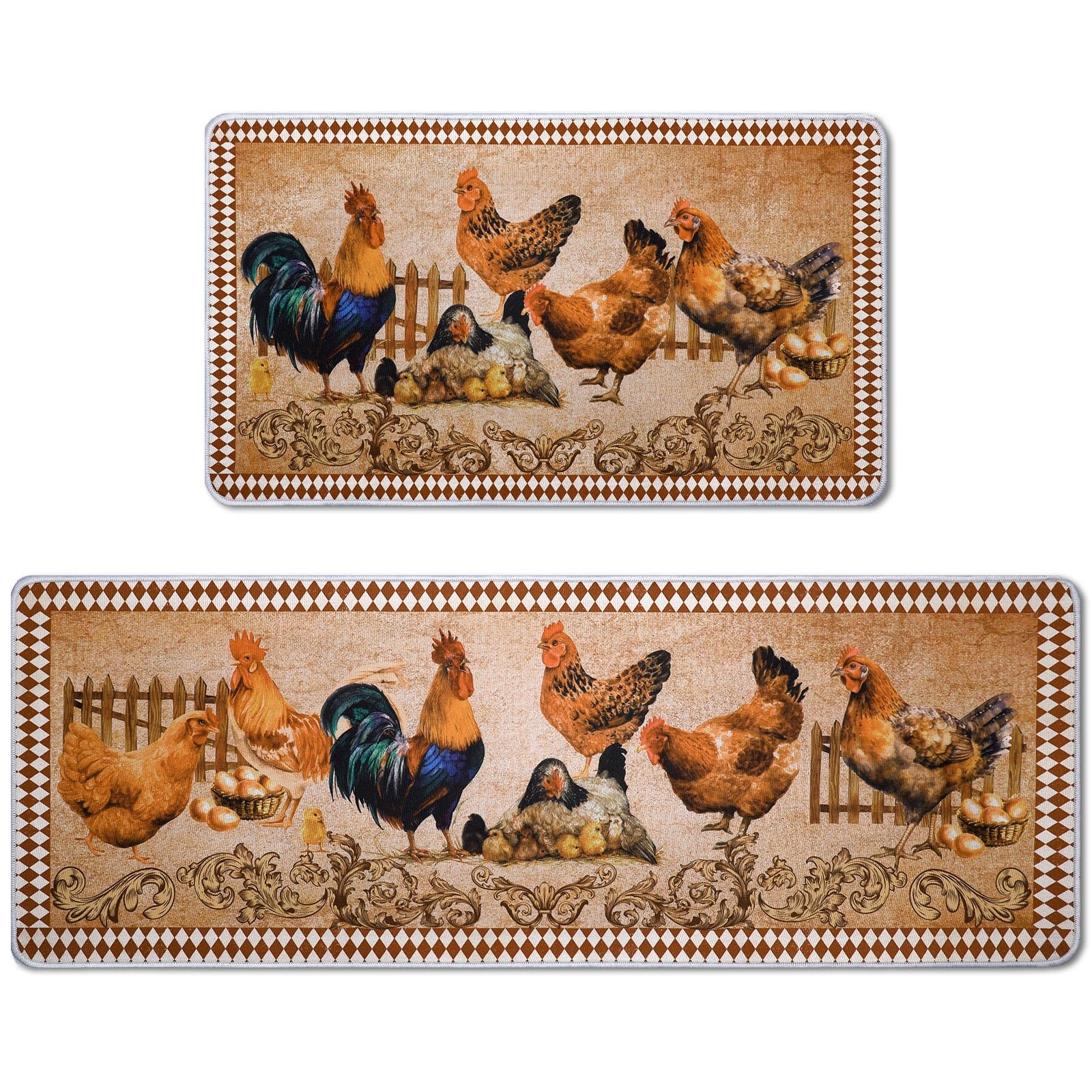 Bencailor 2 Pcs Rooster Kitchen Rugs Set Farmhouse Kitchen Rugs Chicken Kitchen Mat Chicken Decor For Kitchen Non Slip Washable