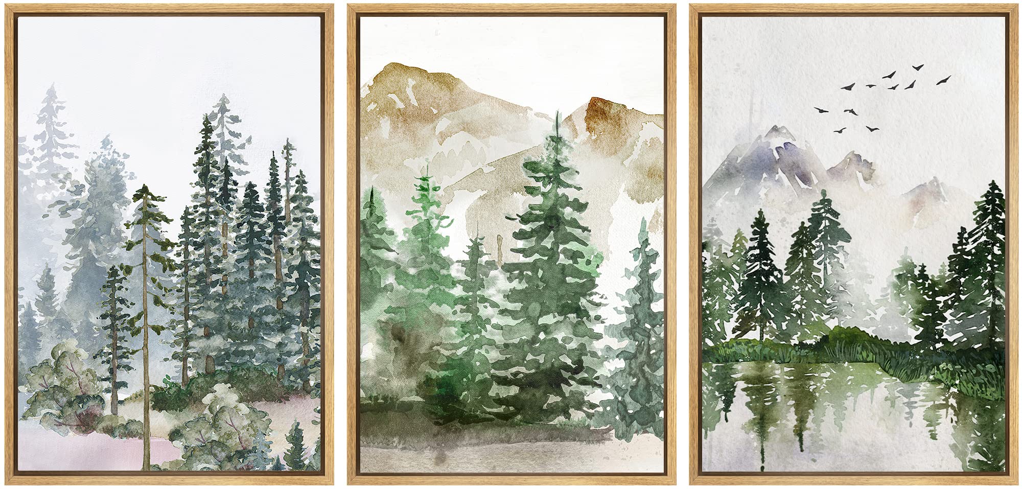 Signwin Framed Canvas Print Wall Art Set Pastel Mountain Range Forest Mist Nature Wilderness Illustrations Modern Art Decorative