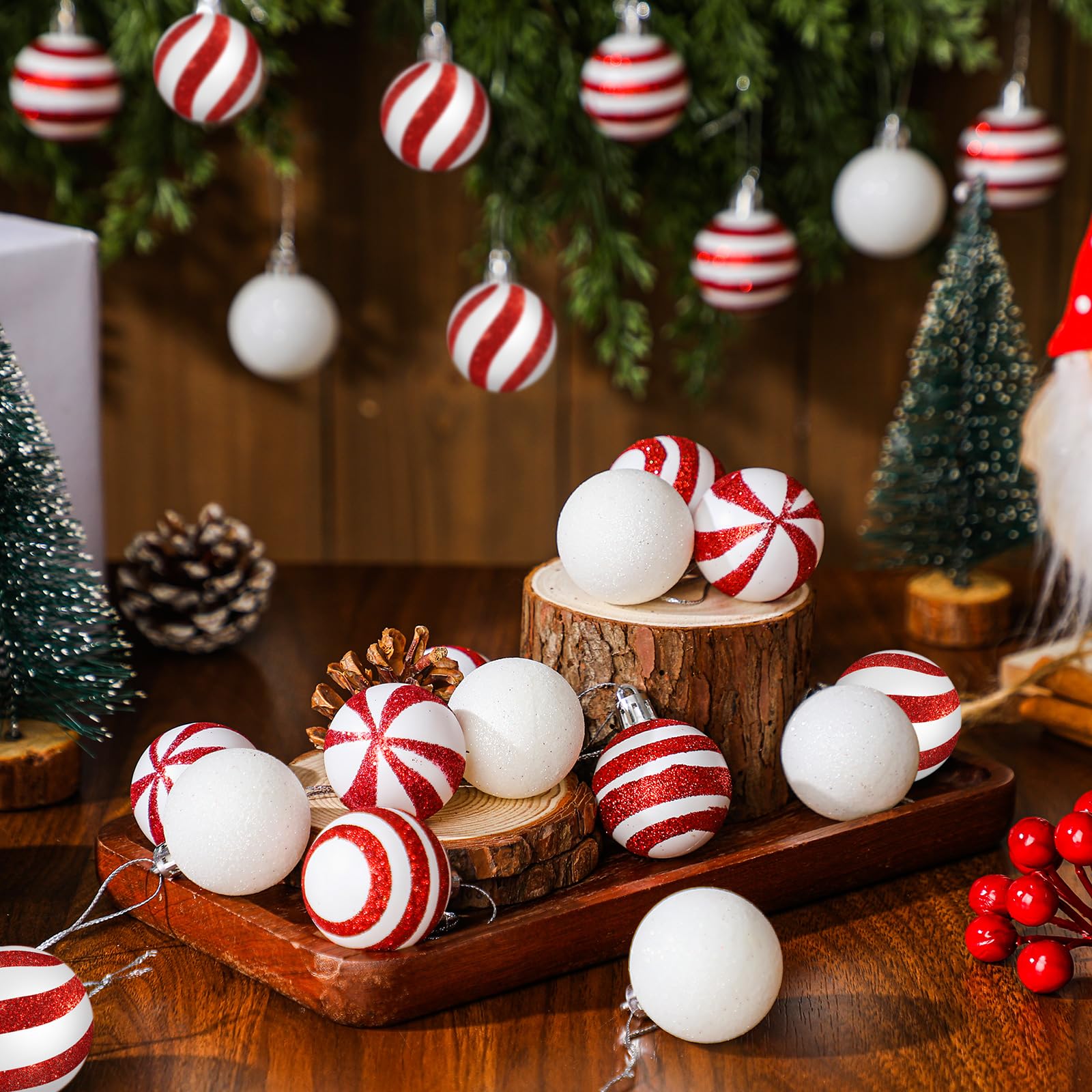 Motionchic 24 Pcs Christmas Ball Ornaments Hanging Glitter Shatterproof Mini Candy Balls Red and White Plastic Christmas Tree De