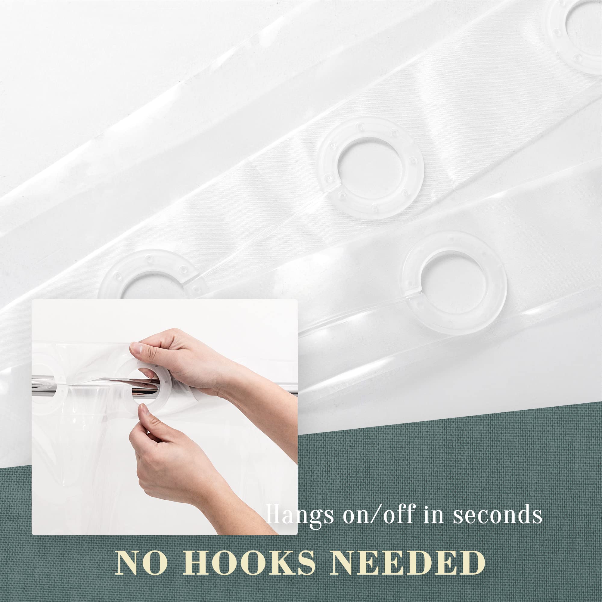 Abluen No Hook Peva Shower Curtain Or Liner - 8G Heavy Duty Clear Bathroom Shower Curtain No Hooks Required, Waterproof Plastic