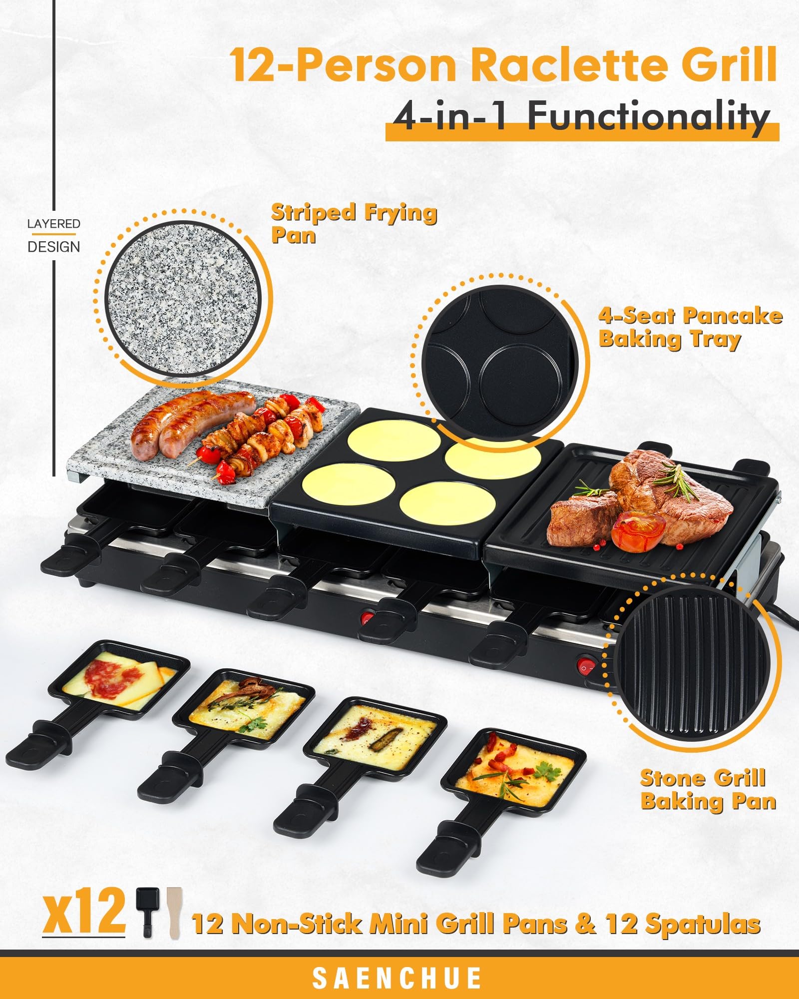 Saenchue Raclette Table Grill - Indoor Electric Grill Griddle - Nonstick Extra Large Reversible 4-In-1 Outdoor Dishwasher Safe W