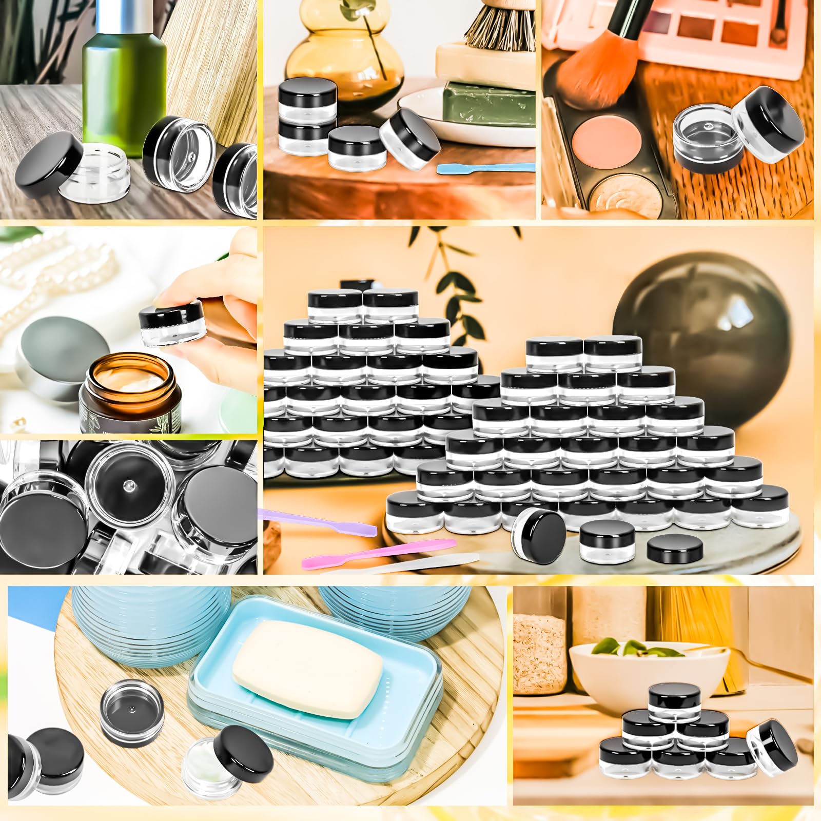 Motbach 100 Pcs Makeup Travel Containers With Lids, 3/5/ Gram Empty Plastic Containers With Lids, Makeup Sample Containers Cosme