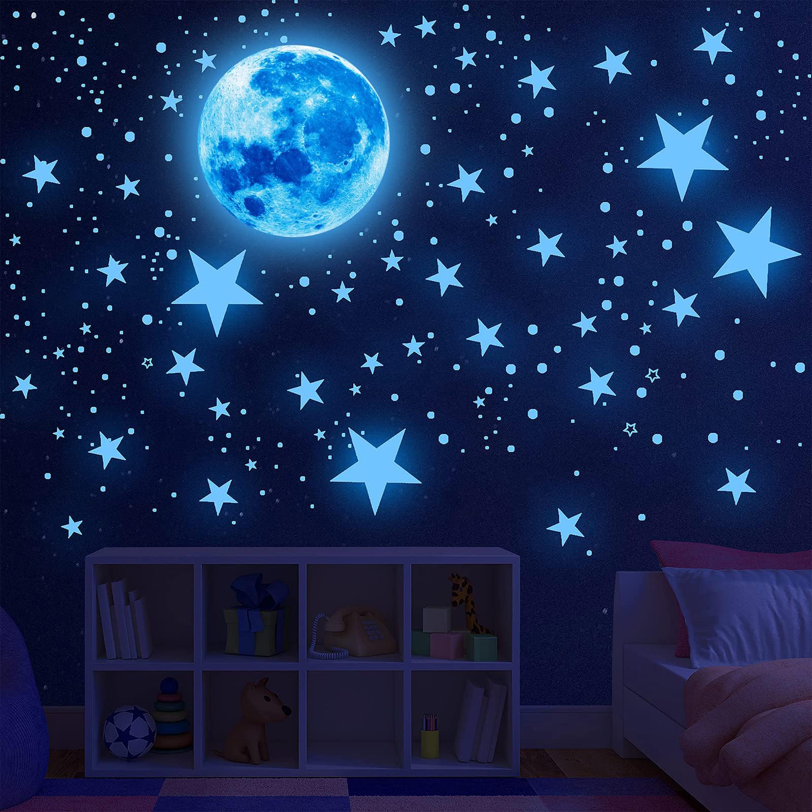 Glow in The Dark Stars for Ceiling Glow in The Dark Stars and Moon Wall Decals  1088 Pcs Ceiling Stars Glow in The Dark Kids Wall Decors  Perfect for Kids Nursery Bedroom Living Room (Blue)