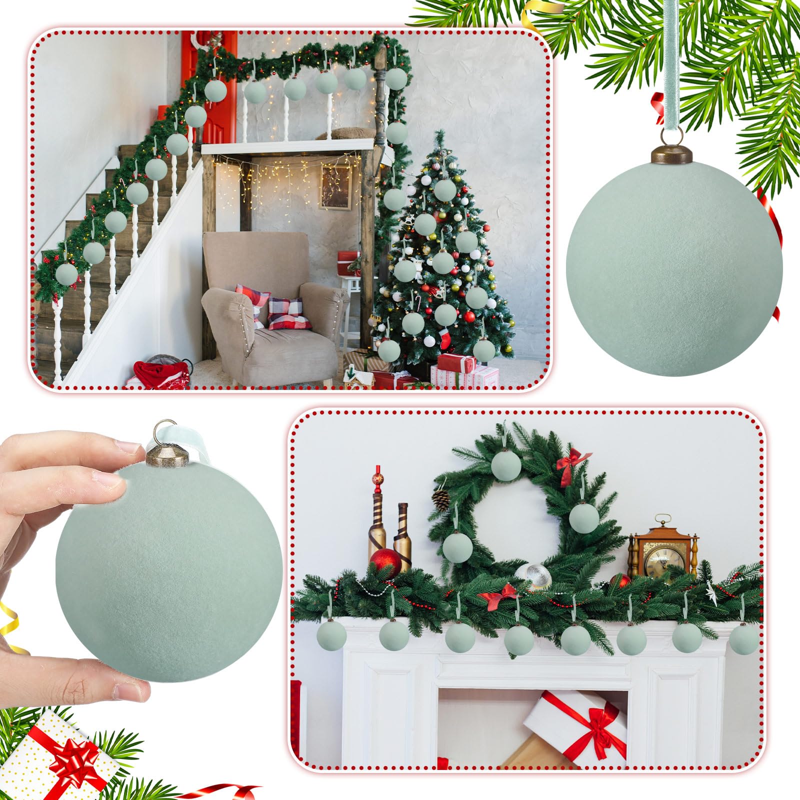 Arrowbash 32 Pcs Sage Green Velvet Christmas Balls Bulk - 3.15 Inch Flocked Christmas Tree Ball Ornaments Xmas Shatterproof Hang