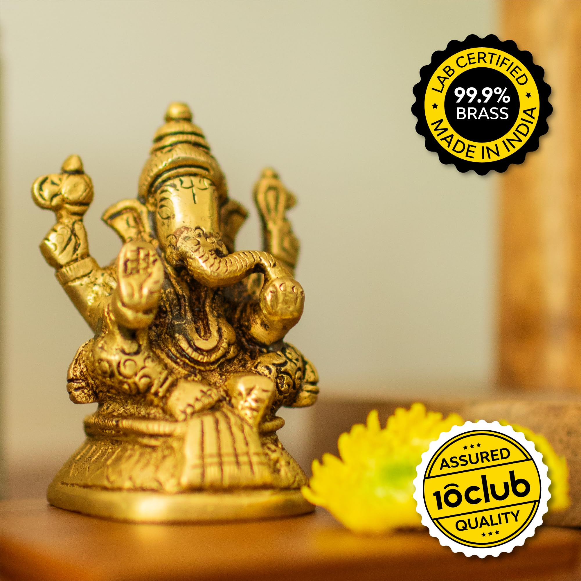 10Club Lord Ganesha Idol - 1Pc (7.6 cm, 300 Grams) - 100% Pure Brass | Mandir Ganesh Idol (Murti) For Desk, Car, Home Decor and