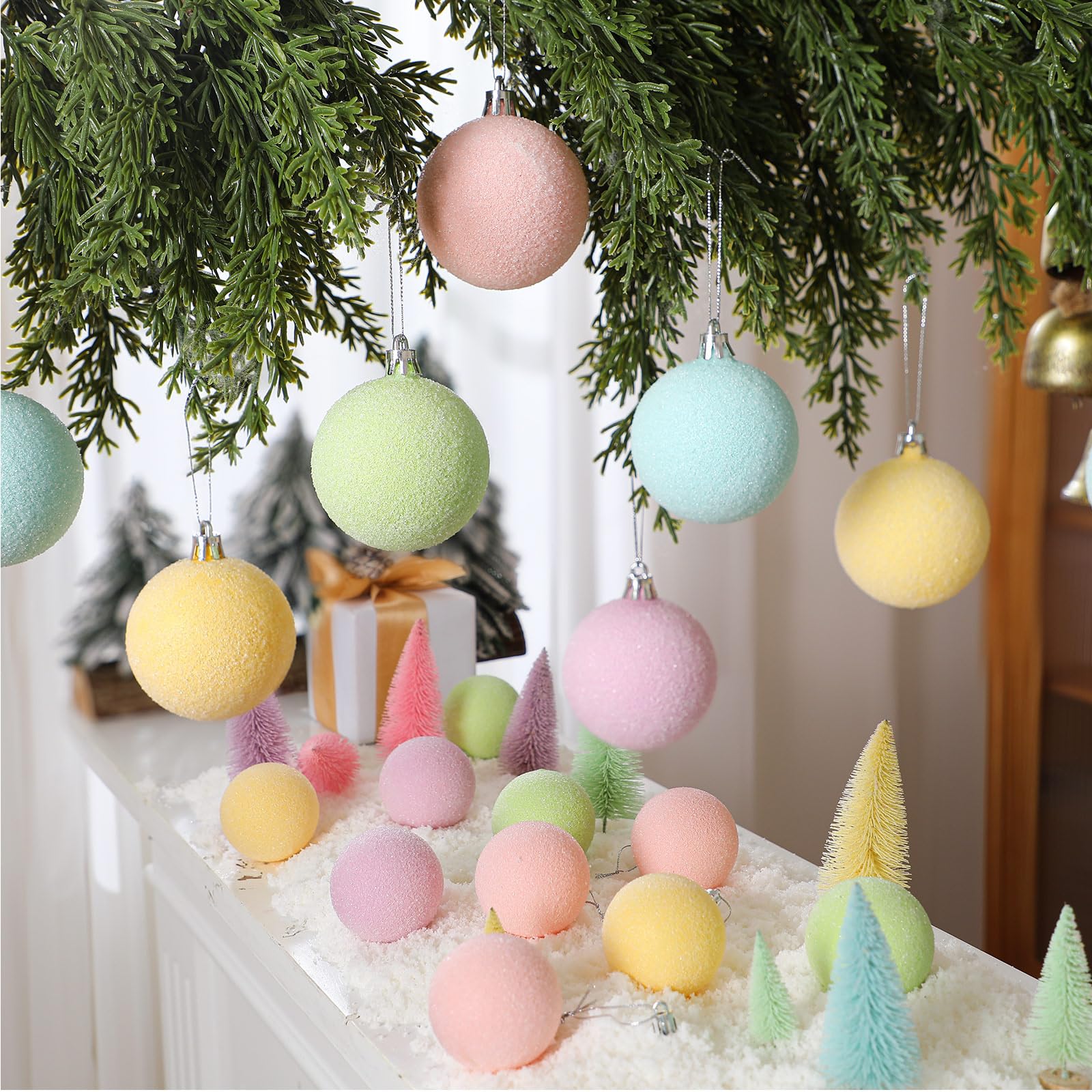 Gejoy 30 Pcs Flocked Velvet Christmas Tree Ball Ornaments 2.36'' Frosted Pastel Candy Christmas Decor Shatterproof Macaron Xmas